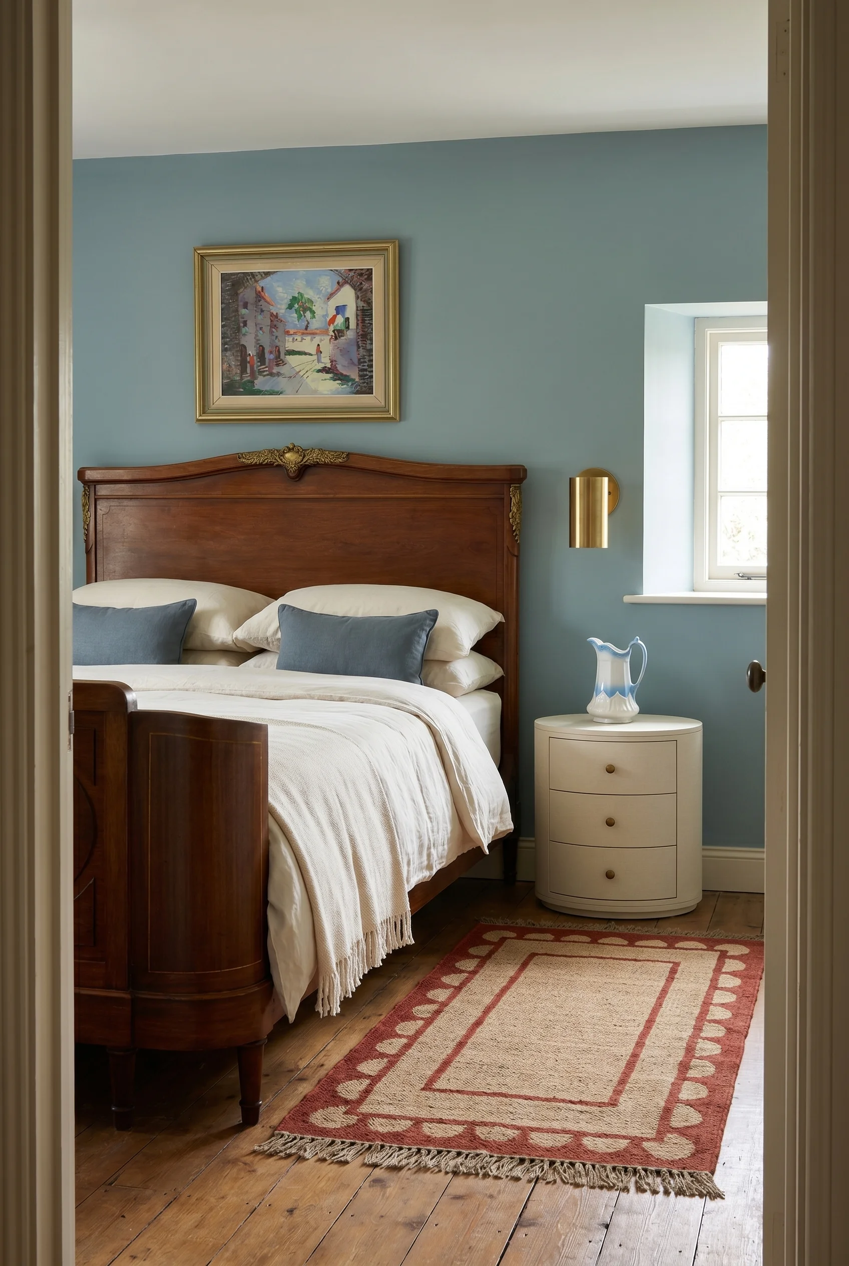 English Country Bedroom featuring carved mahogany bed with ivory linen bedding and brass wall sconce