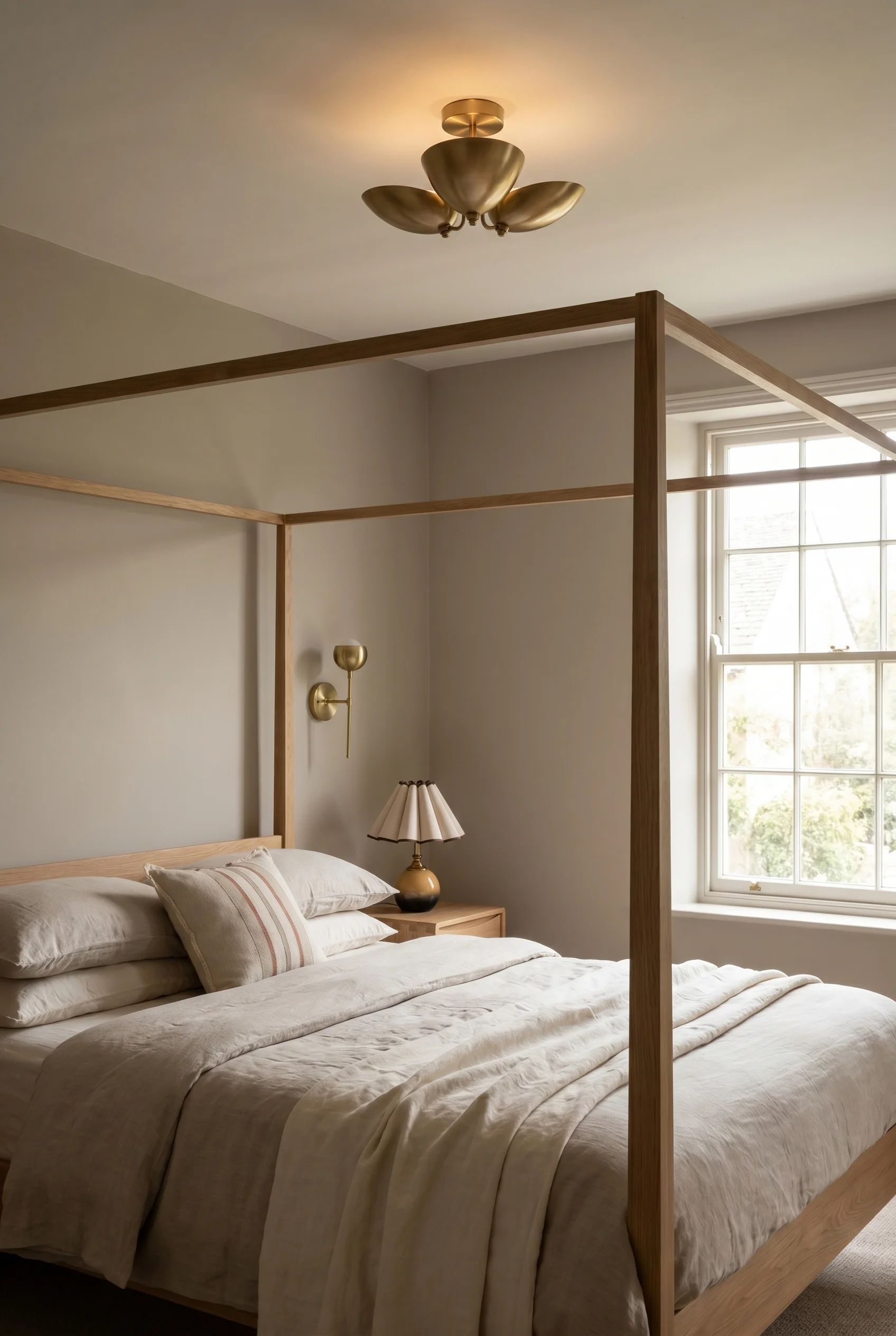 English Country Bedroom featuring oak four poster bed with brass flush mount and pleated linen nightstand lamp