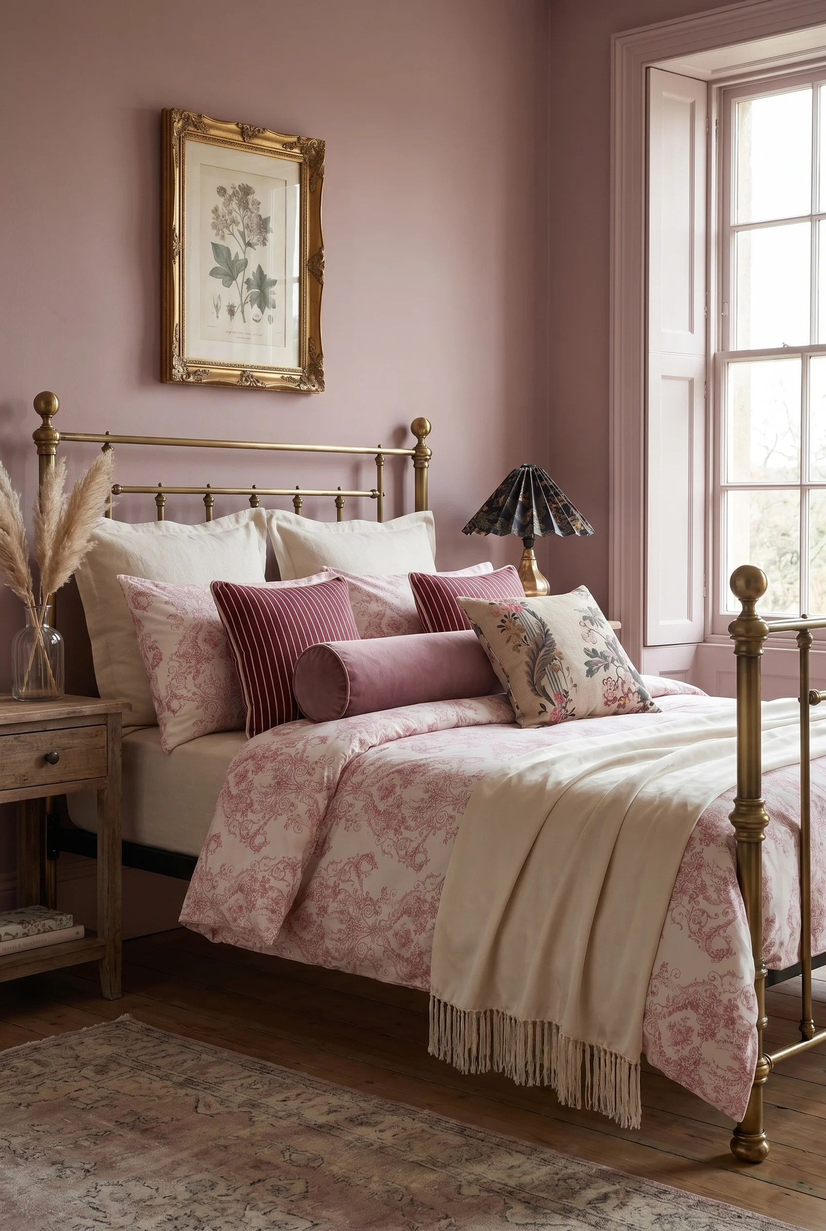 English Country Bedroom featuring pink French toile duvet with burgundy ticking stripes and mauve velvet cushions