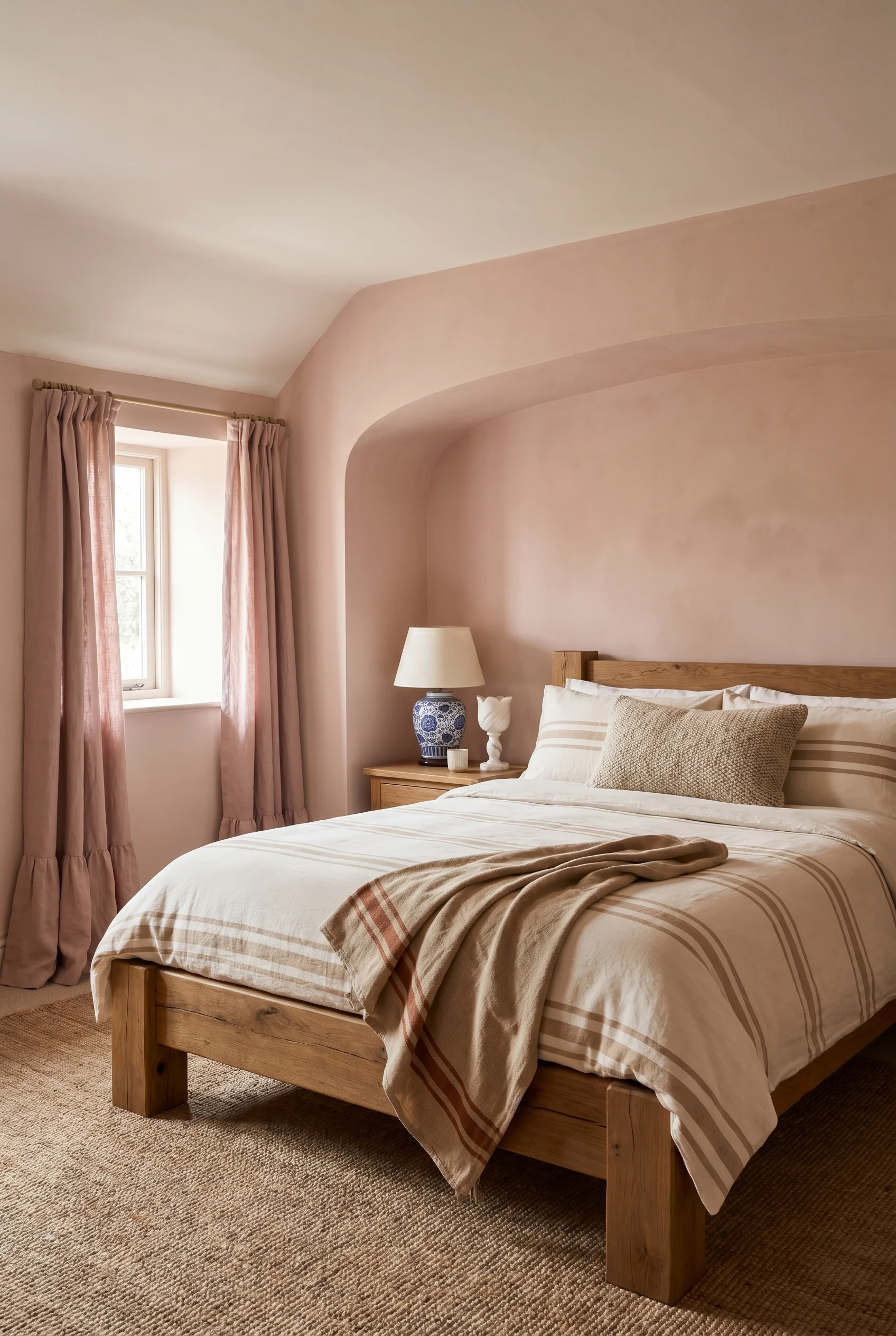 English Country Bedroom featuring handmade oak bed frame with dusty pink linen curtain accents