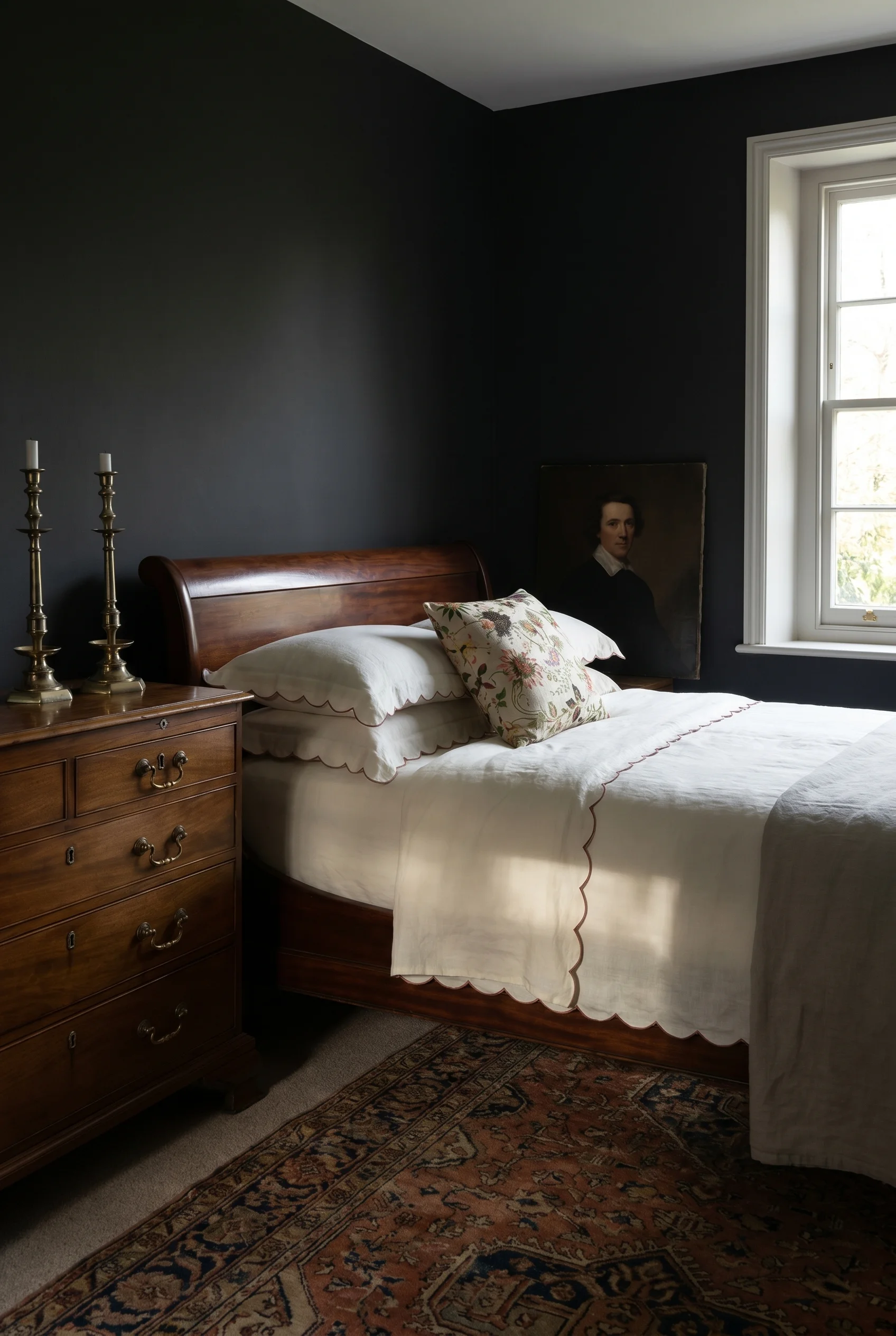 English Country Bedroom featuring Victorian mahogany sleigh bed with Railings heritage walls and antique chest