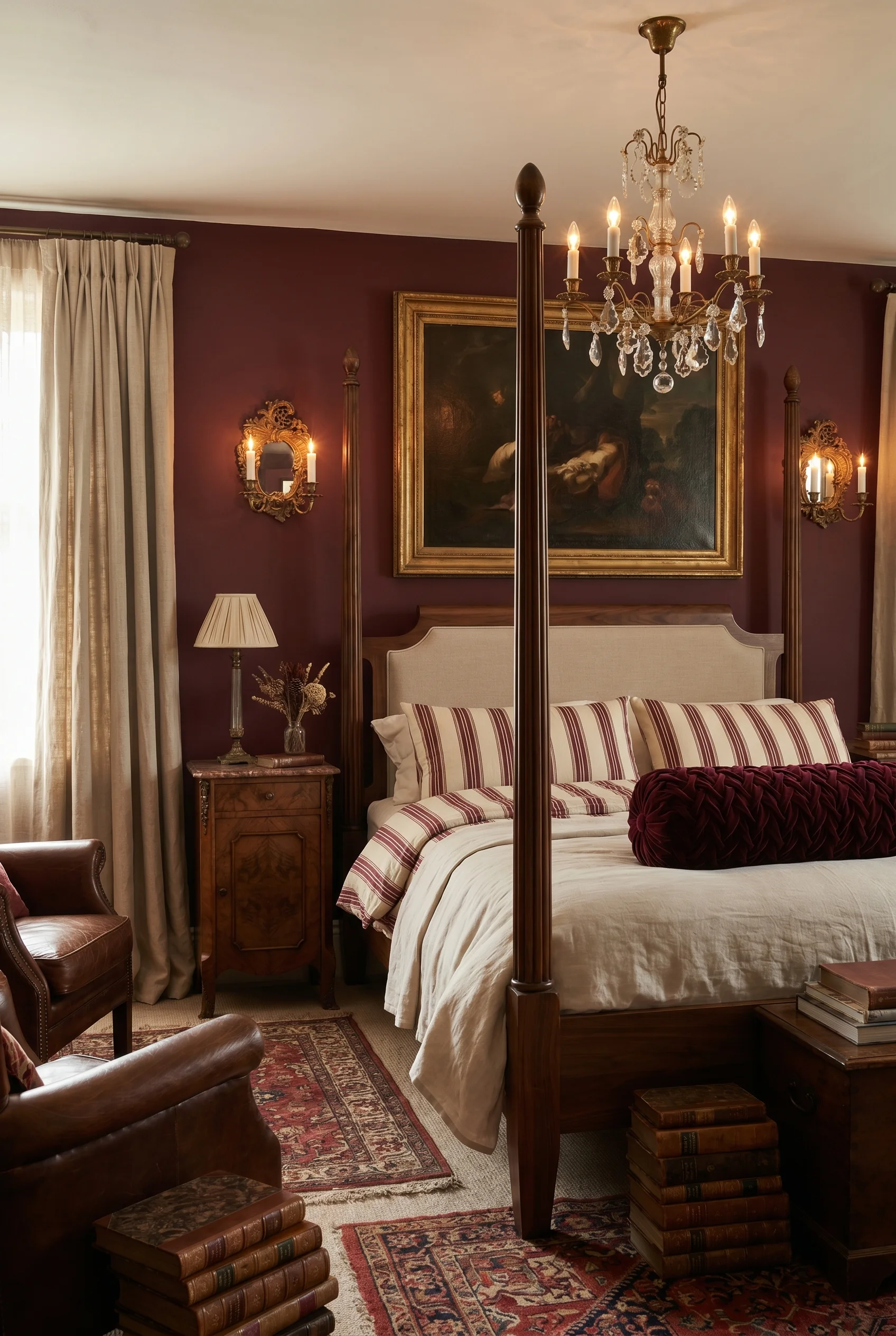 English Country Bedroom featuring walnut four poster bed with crystal chandelier and brass candlestick sconces on deep oxblood walls