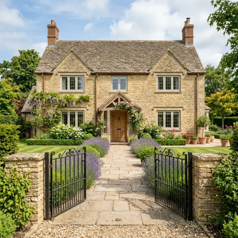 English Country House Exterior design featuring warm natural materials and layered textures