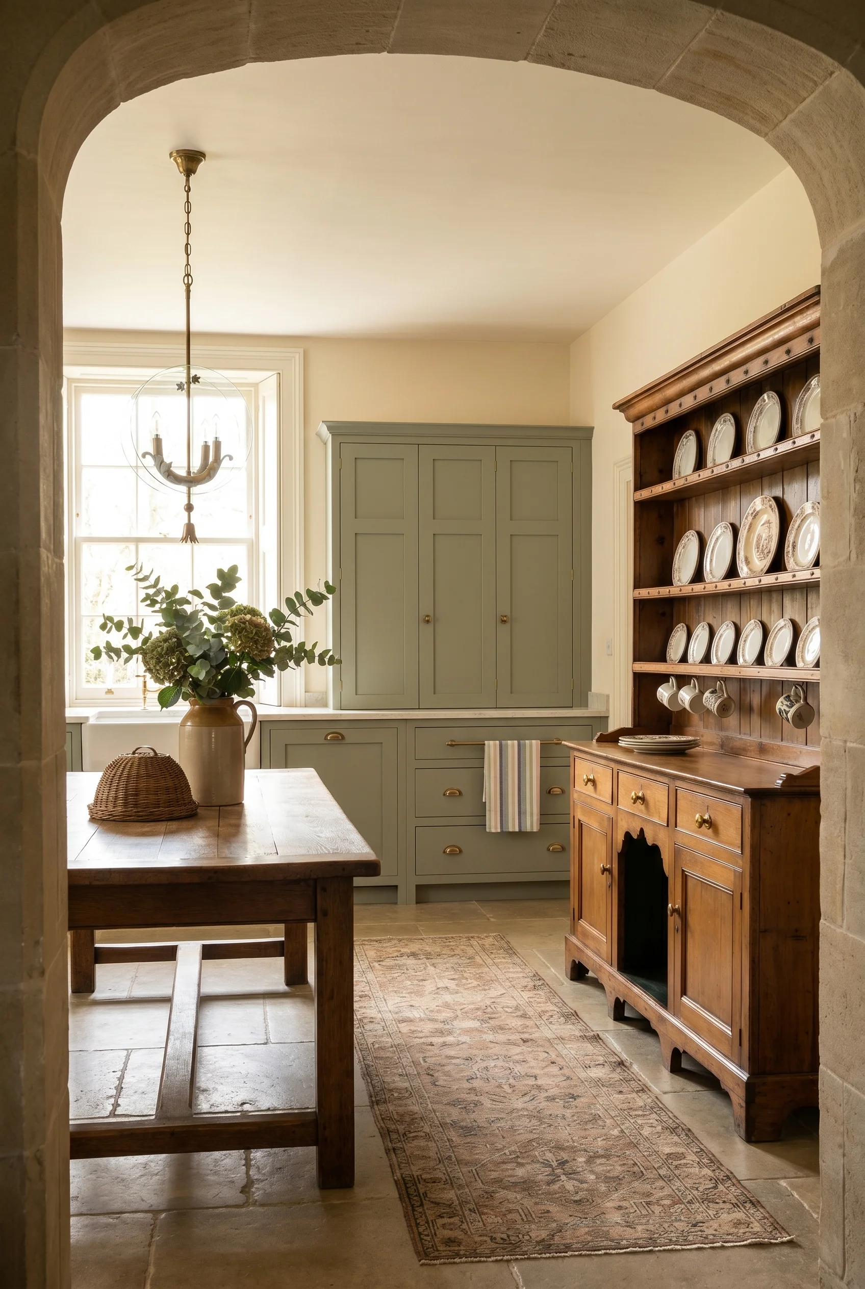 English country kitchen featuring antique oak Welsh dresser with brass pendant light and Turkish runner rug