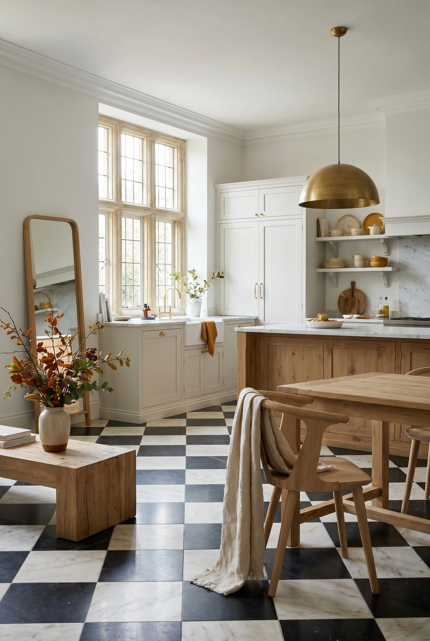 English Country Kitchen flagstone checkerboard kitchen floor design scene