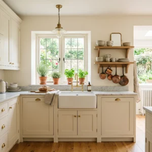 Modern Cotswolds English country kitchen with cream Shaker cabinets and brass hardware in morning light