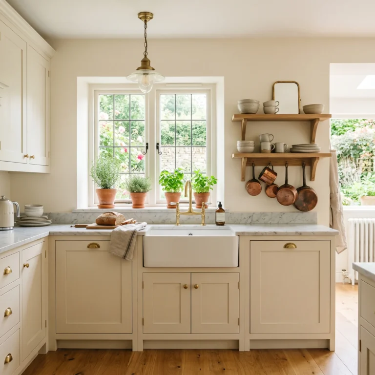 Modern Cotswolds English country kitchen with cream Shaker cabinets and brass hardware in morning light