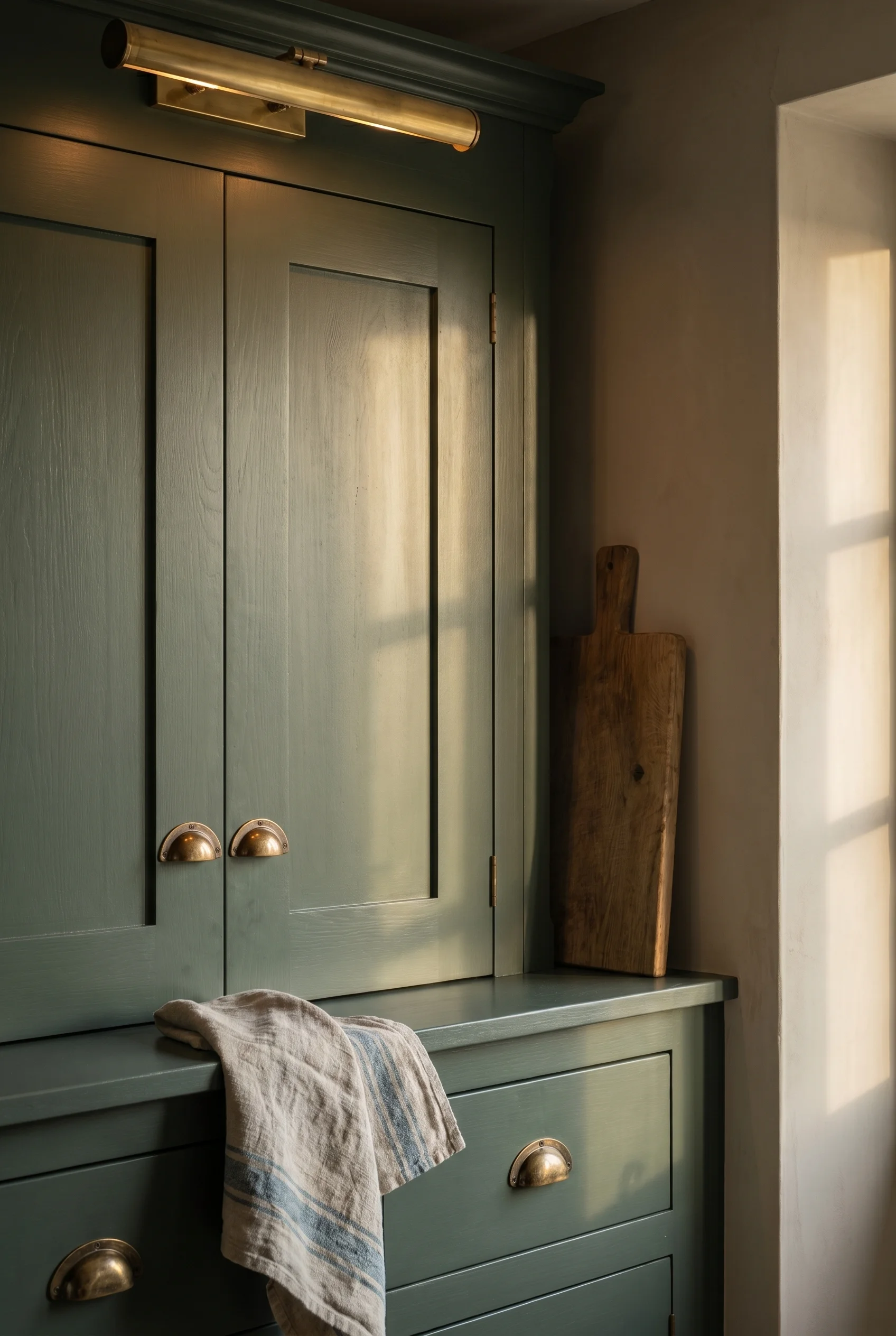 English country kitchen joinery detail with olive green Shaker cabinets and brass cup pulls