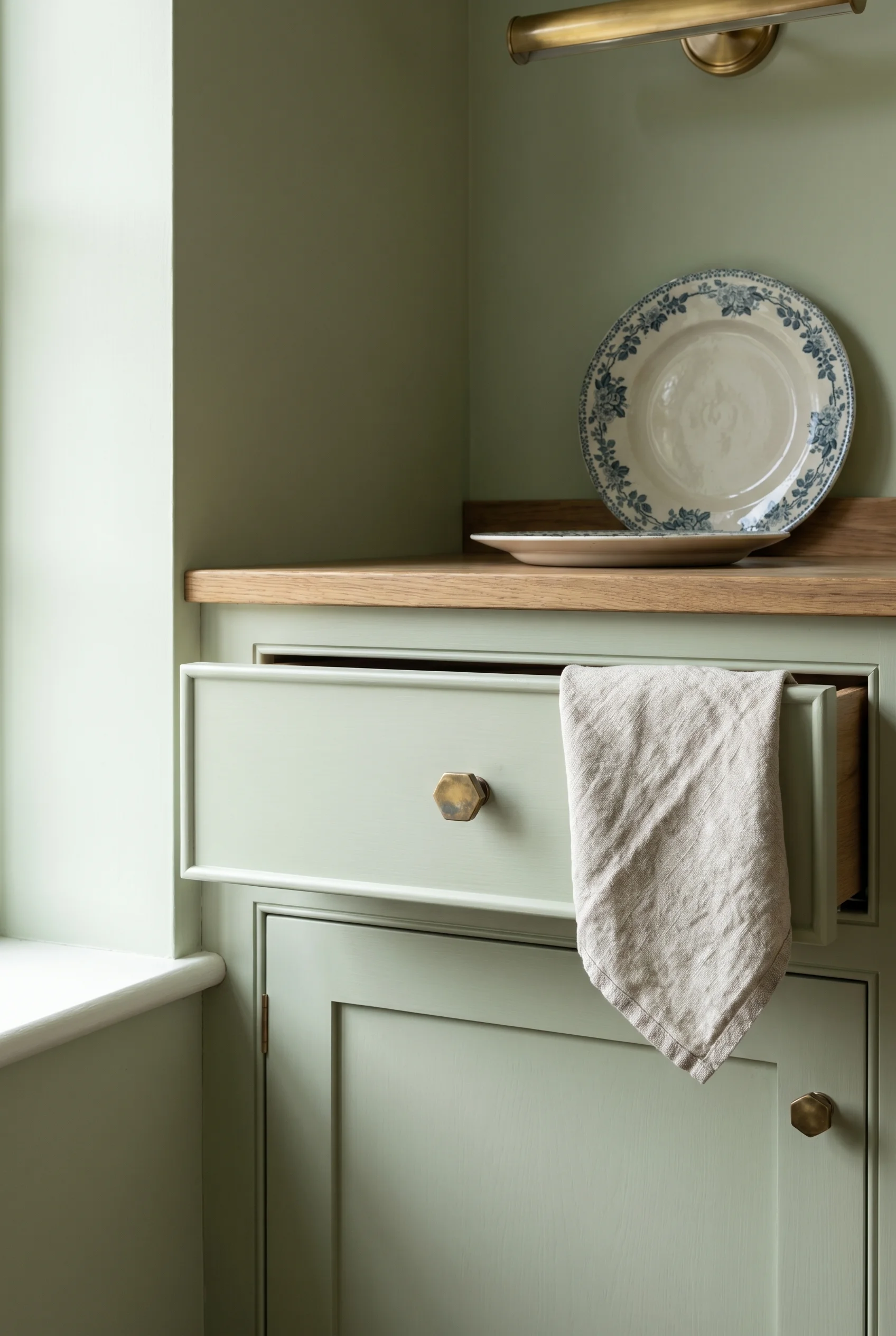 English country kitchen drawer detail with pale fern green cabinets and brass hexagon knob