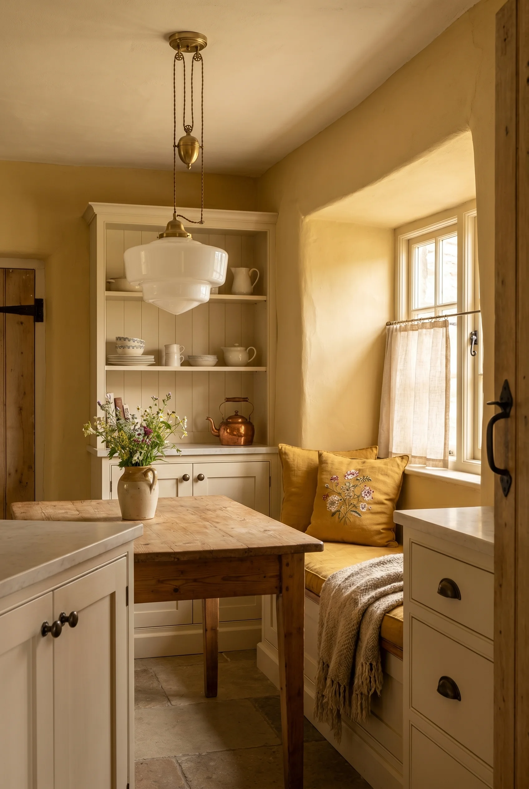 English country cottage kitchen with butter yellow walls and opaline schoolhouse pendant