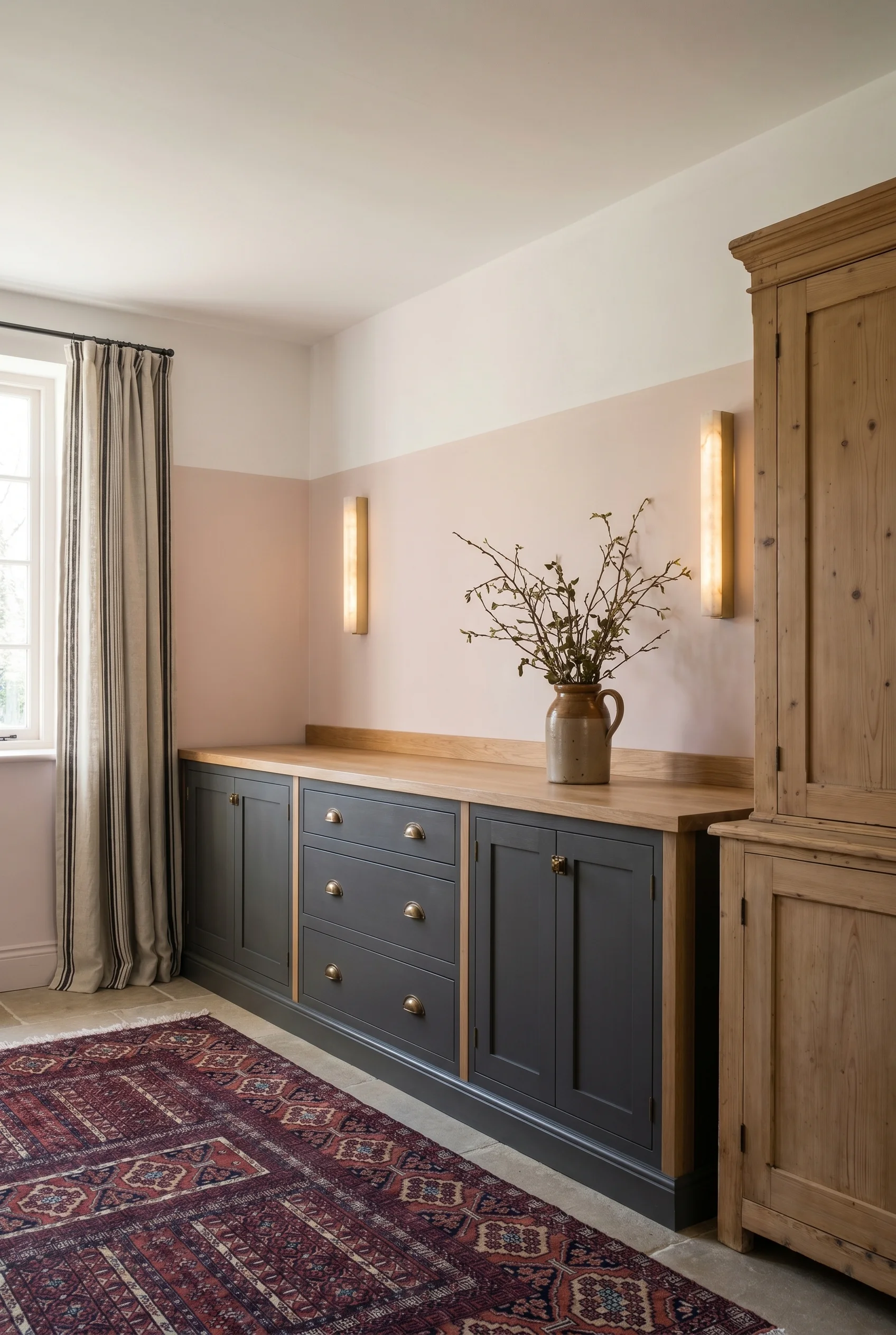 English country kitchen featuring Victorian pine dresser with bronze wall sconces and Persian runner rug
