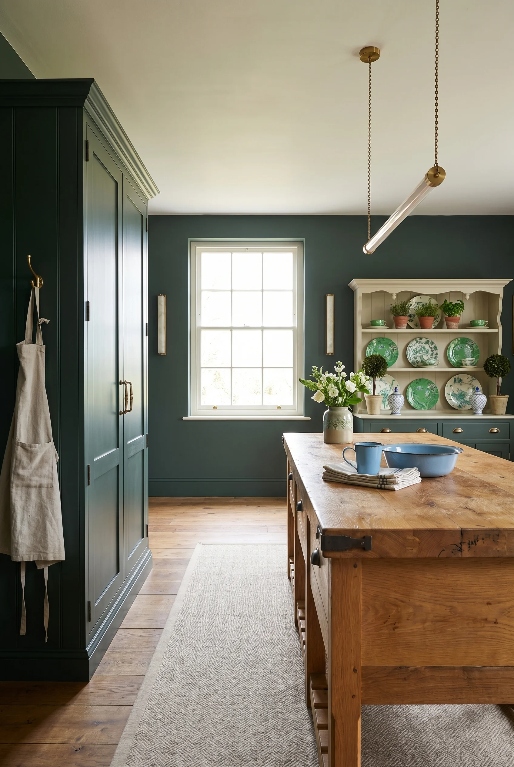 English country kitchen with Studio Green walls and cream Welsh dresser displaying green ironstone plates