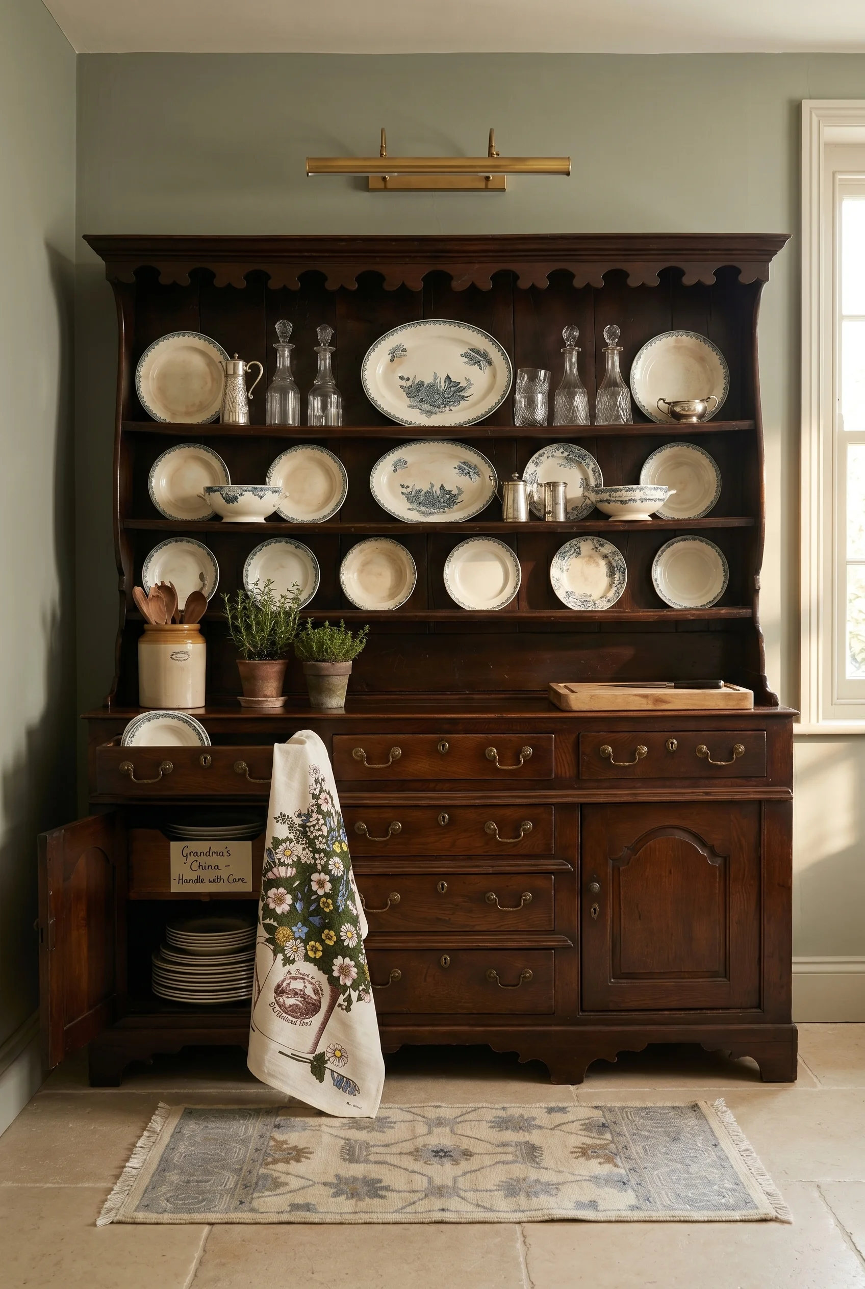 English country kitchen featuring antique oak Welsh dresser with blue transferware plates