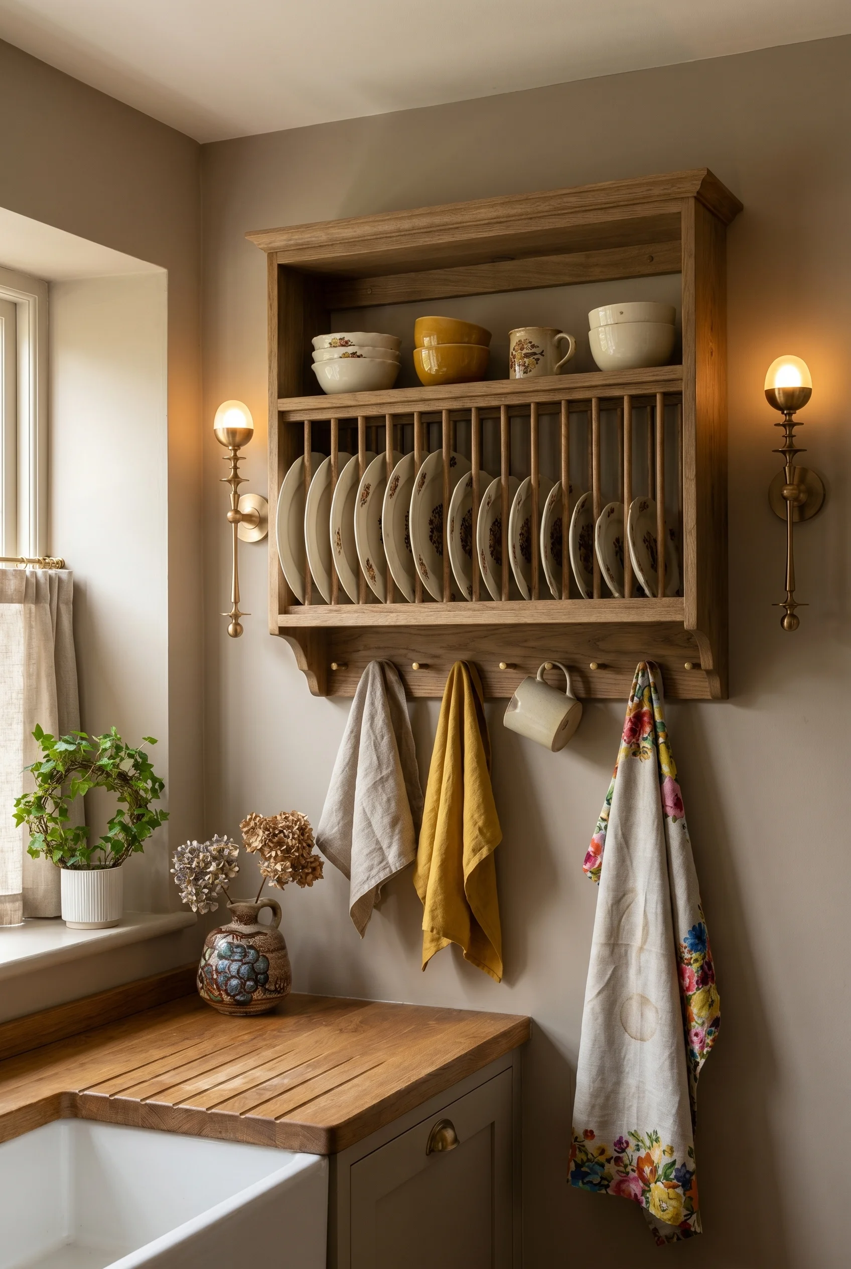 English country kitchen plate rack detail with brass wall sconces and antique porcelain plates