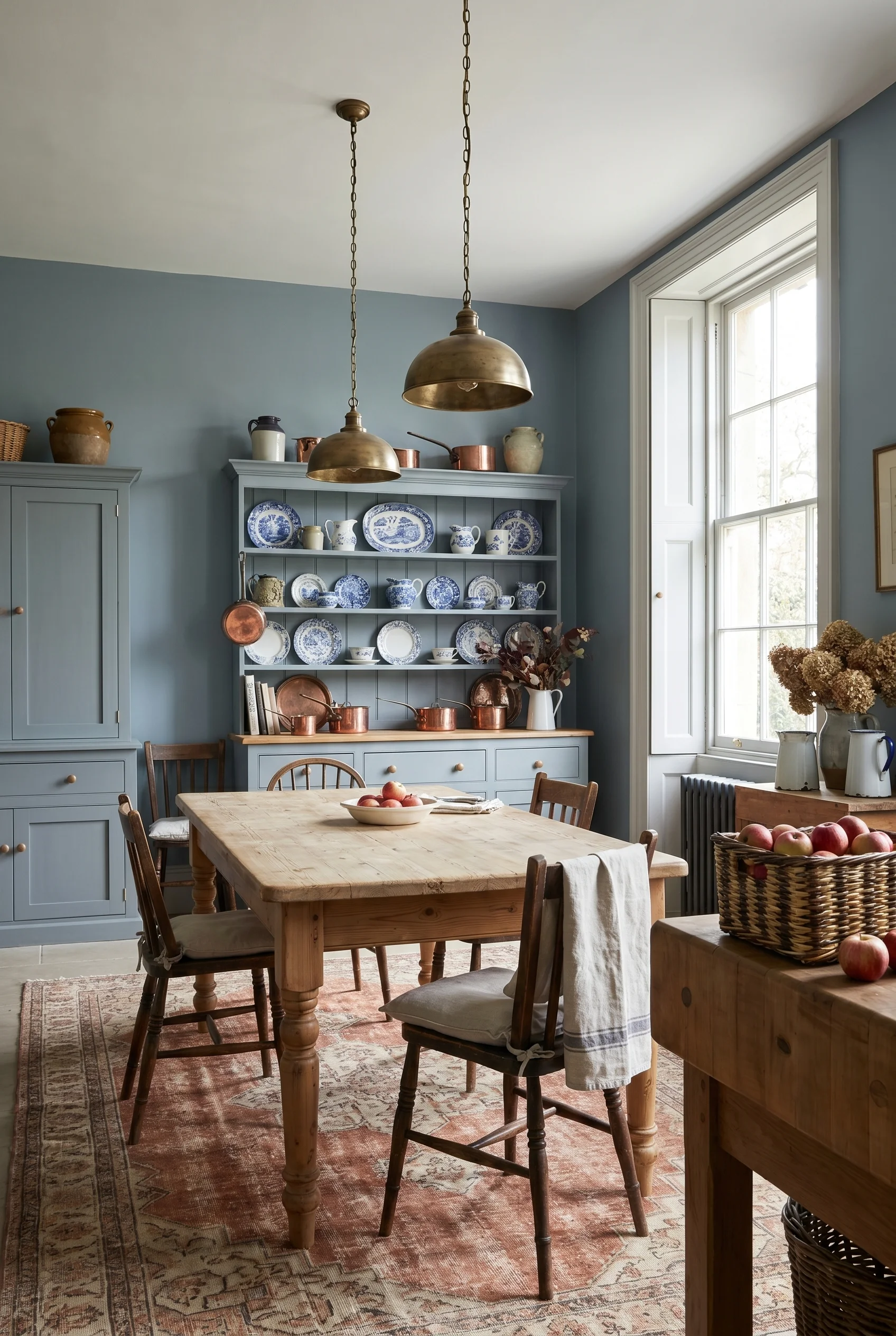 English country kitchen featuring blue Welsh dresser with brass pendant lights and vintage Oushak rug