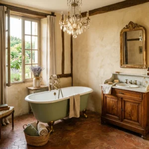 French Country Bathroom design featuring warm natural materials and layered textures