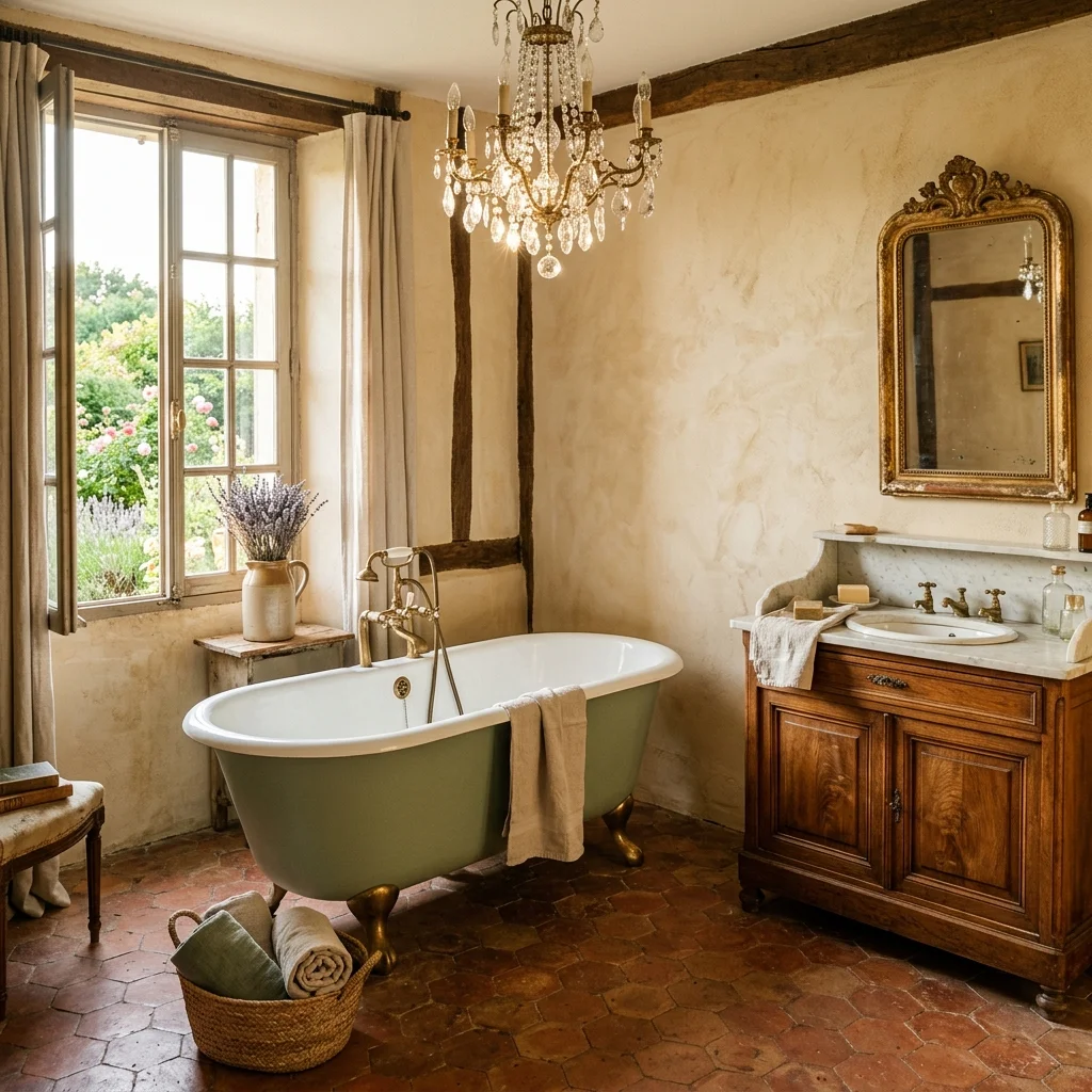 French Country Bathroom design featuring warm natural materials and layered textures