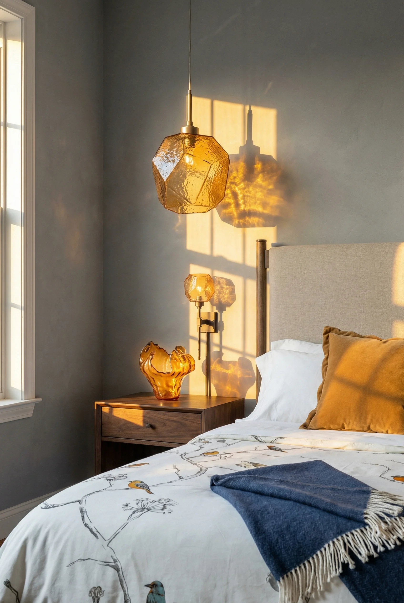 French Country Bedrooms featuring amber blown glass pendant with linen bed and walnut nightstand