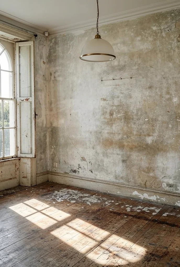 French Country Bedrooms featuring ivory panel bed with ribbed wool throw and brass pendant light empty room