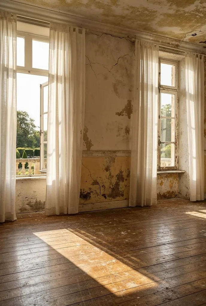 French Country Bedrooms featuring driftwood upholstered bed with floor length linen curtains empty room
