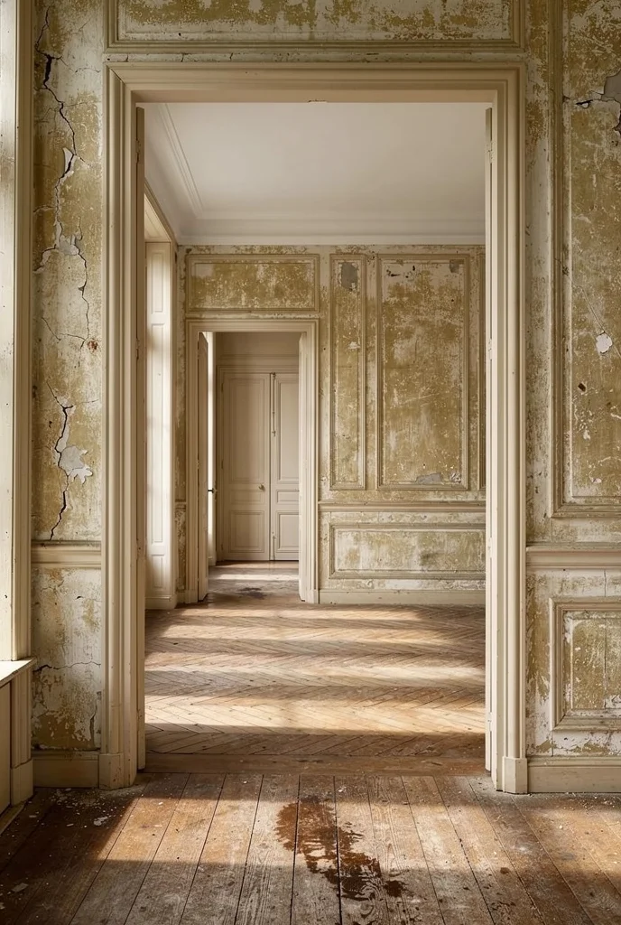 French Country Bedrooms featuring ivory sleigh bed framed by boiserie wall paneling with herringbone parquet floors empty room