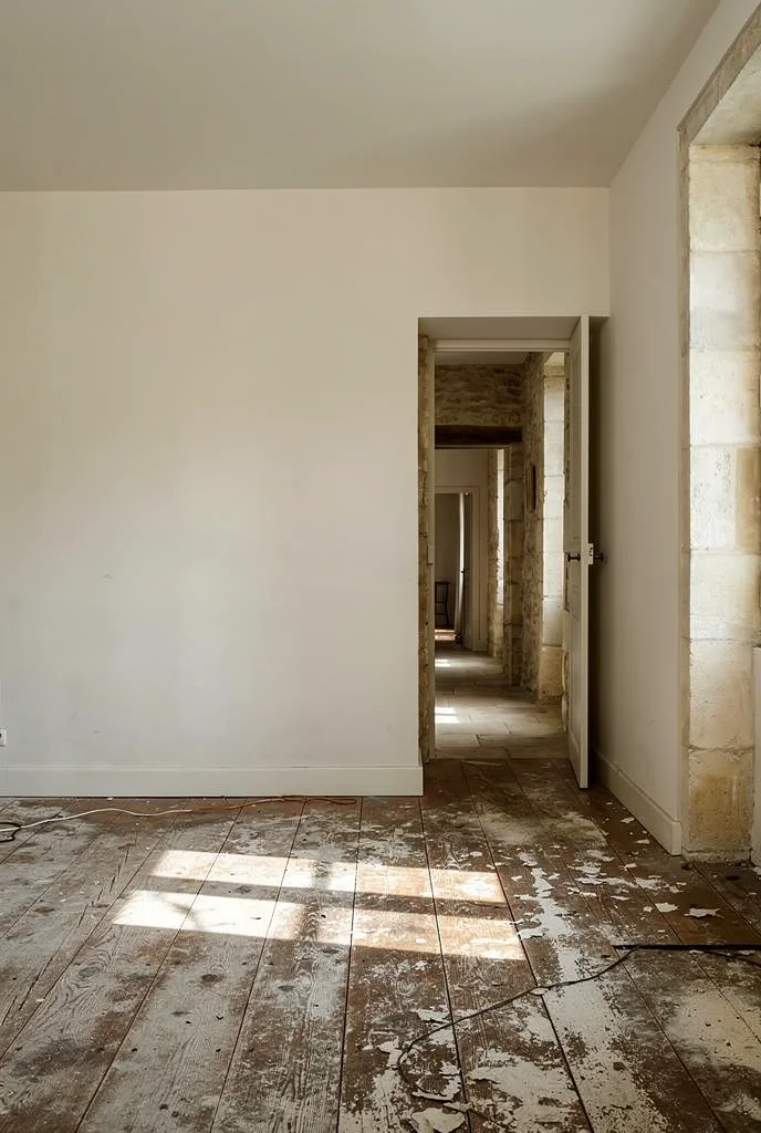 French Country Bedrooms featuring ivory upholstered panel bed with reclaimed wide plank oak floors and iron mirror empty room