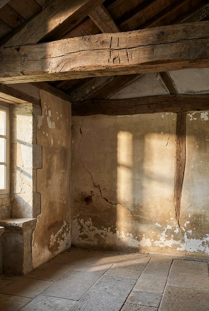 French Country Bedrooms featuring ivory upholstered bed beneath exposed oak ceiling beams with rattan mirror and honey dresser empty room