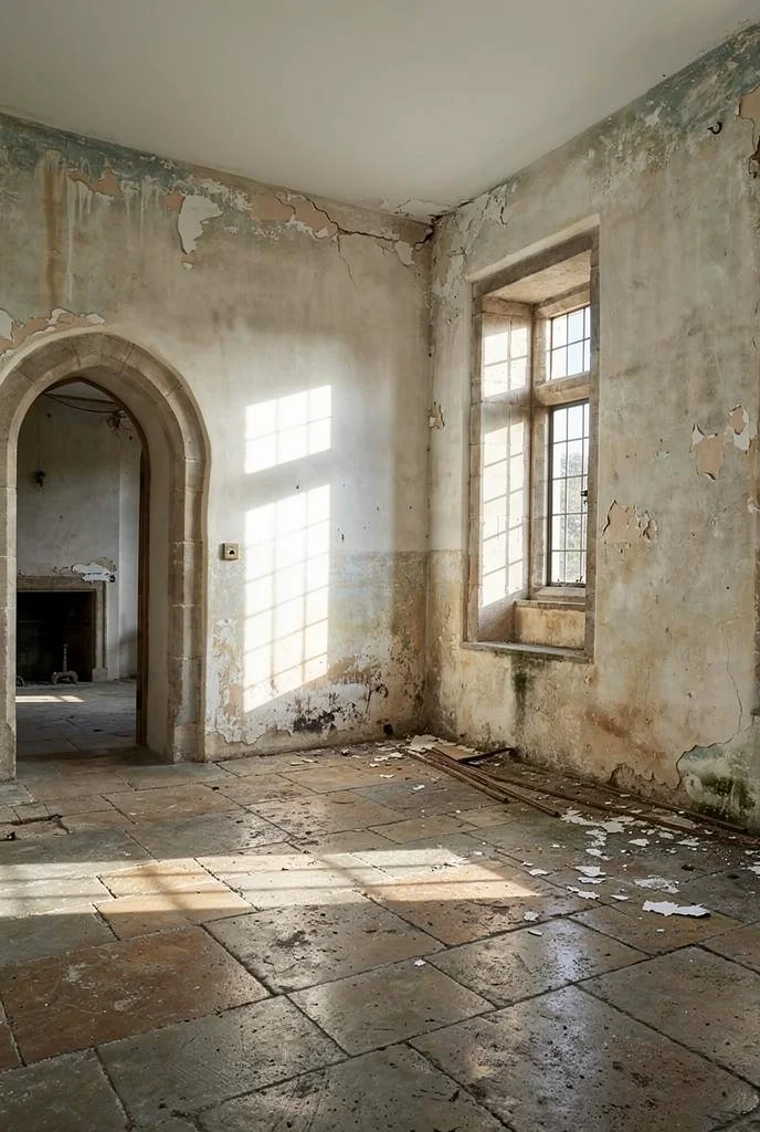 French Country Bedrooms featuring wrought iron chandelier with driftwood bed and pale blue walls empty room