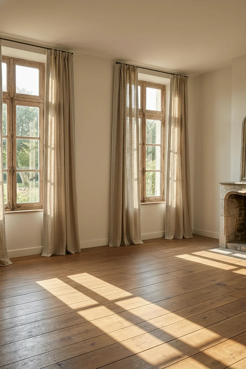 French Country Bedrooms featuring driftwood panel bed with natural linen curtains pooling on floor empty room
