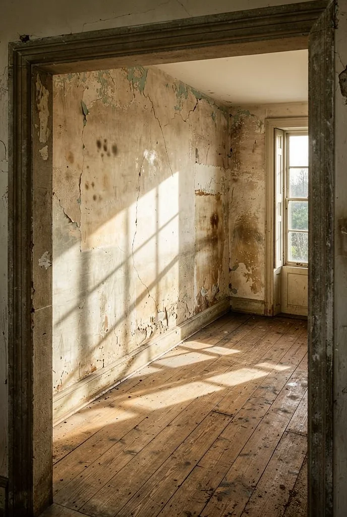 French Country Bedrooms featuring distressed cream dresser with yellow ceramic lamp through stone doorway empty room