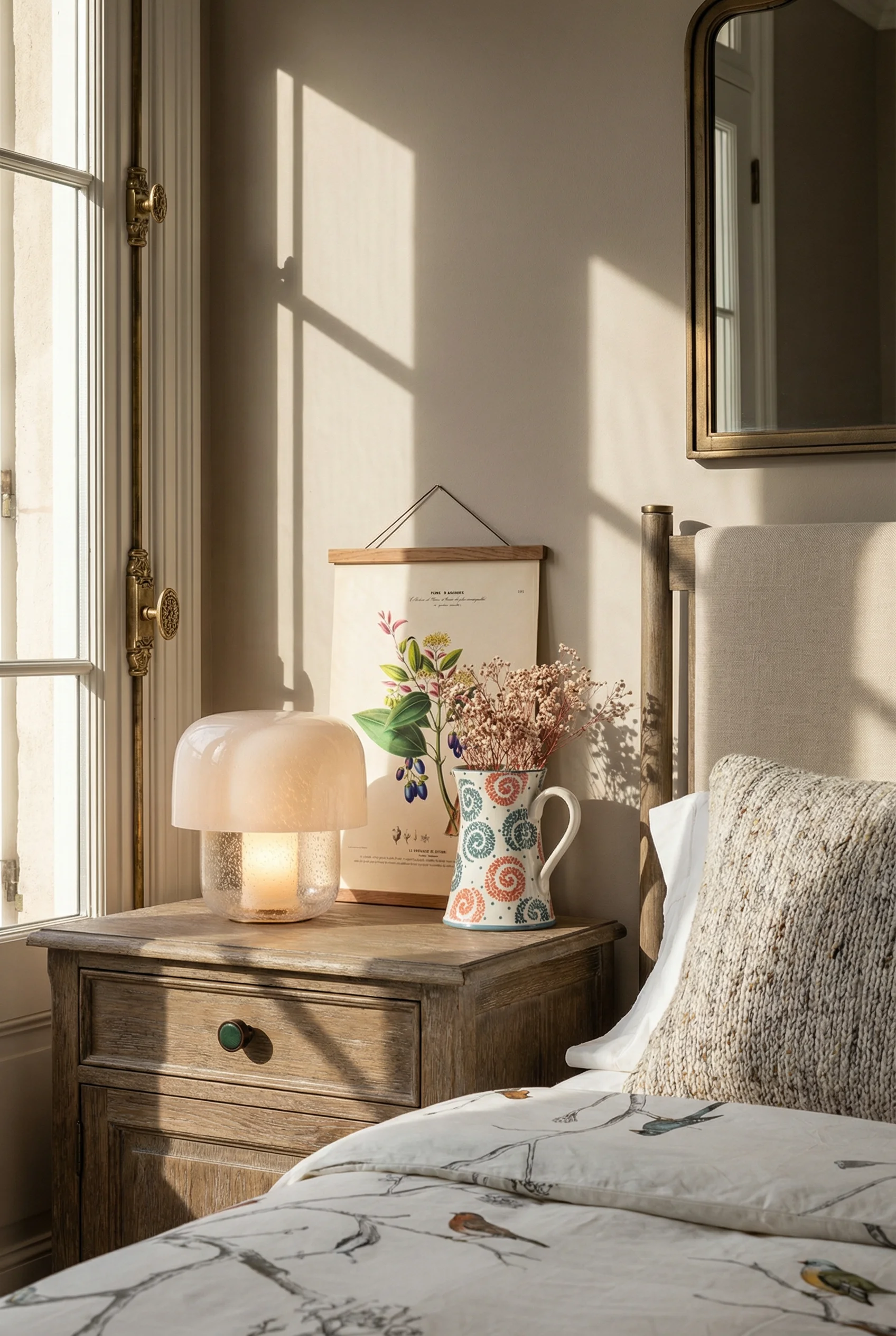 French Country Bedrooms featuring linen upholstered bed with aged brass hardware and seeded glass lamp