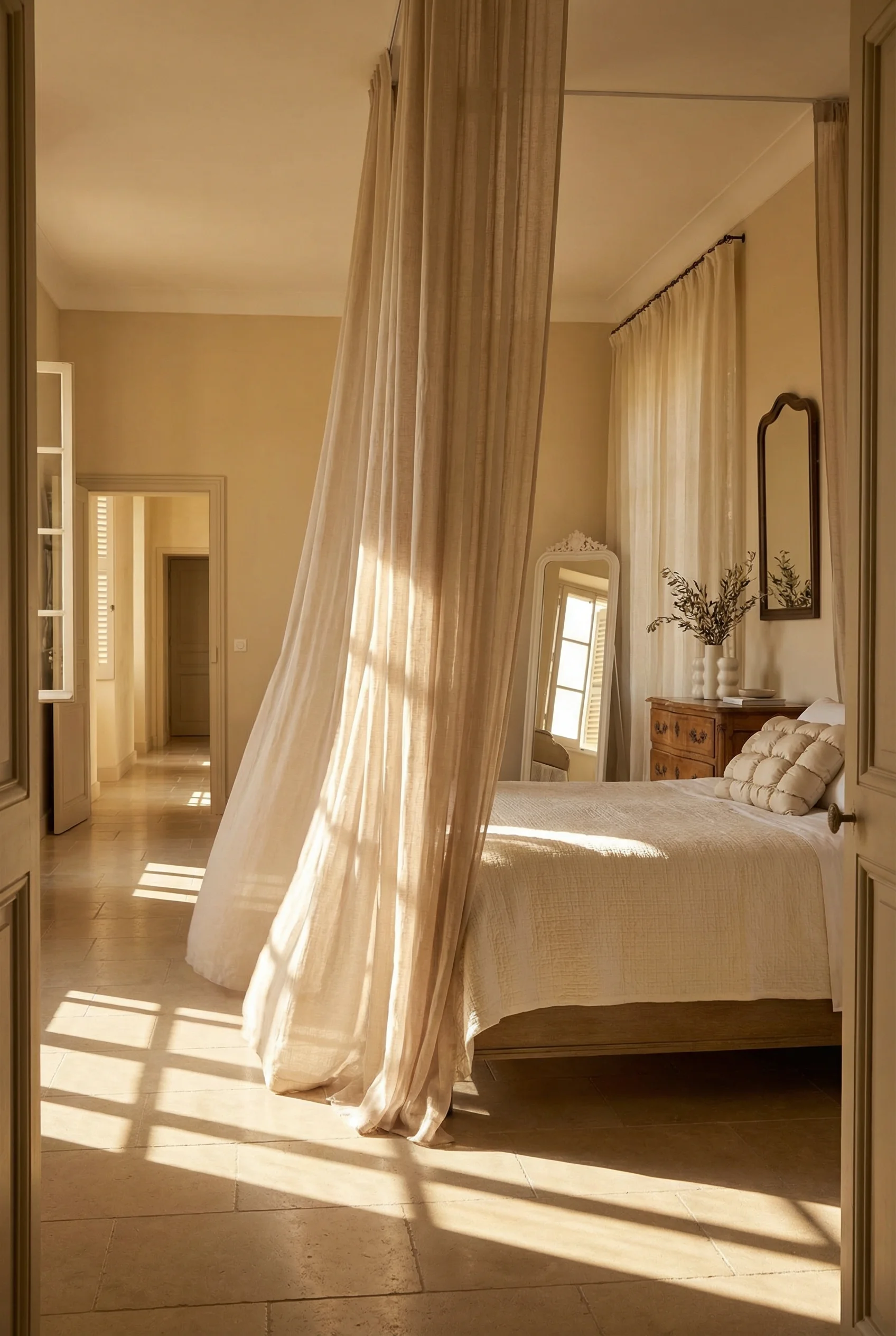 French Country Bedrooms featuring linen canopy bed with sheer voile panels and bronze framed mirror