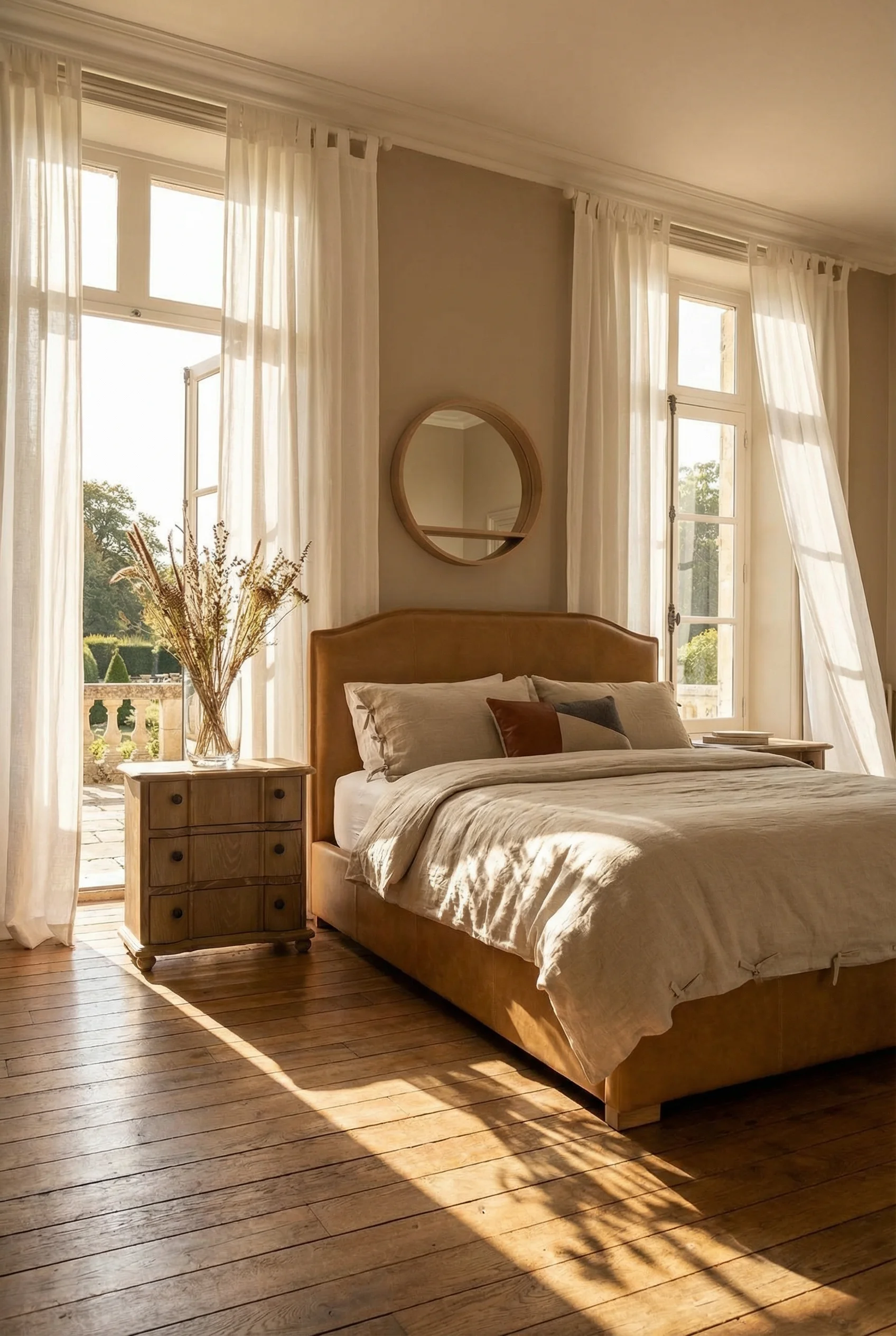French Country Bedrooms featuring driftwood upholstered bed with floor length linen curtains