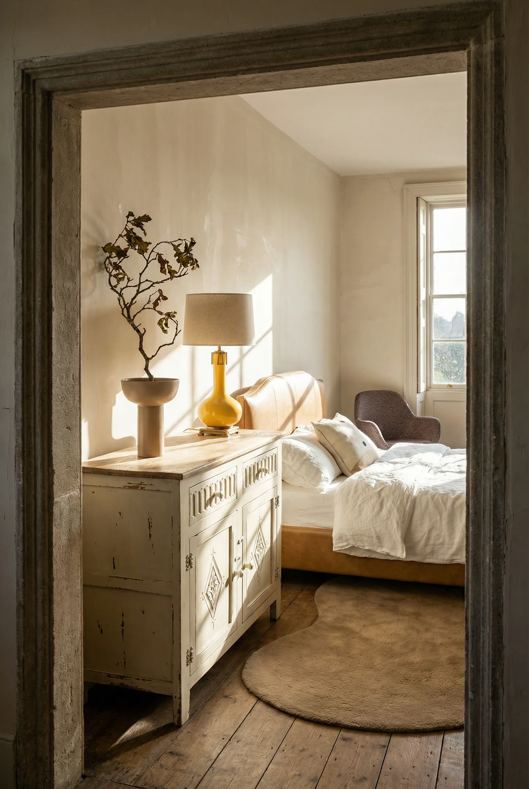 French Country Bedrooms featuring distressed cream dresser with yellow ceramic lamp through stone doorway