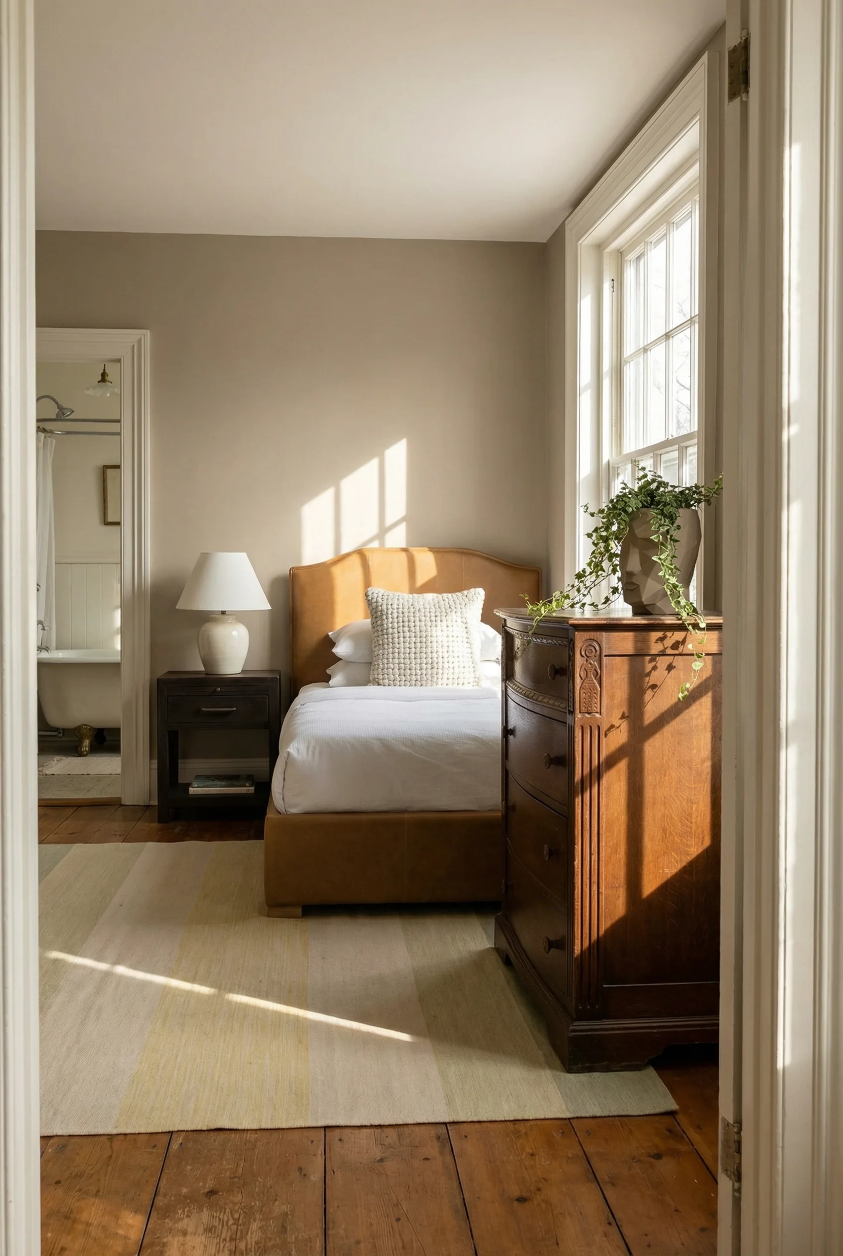 French Country Bedrooms featuring tan driftwood upholstered bed with vintage carved bombe chest of drawers