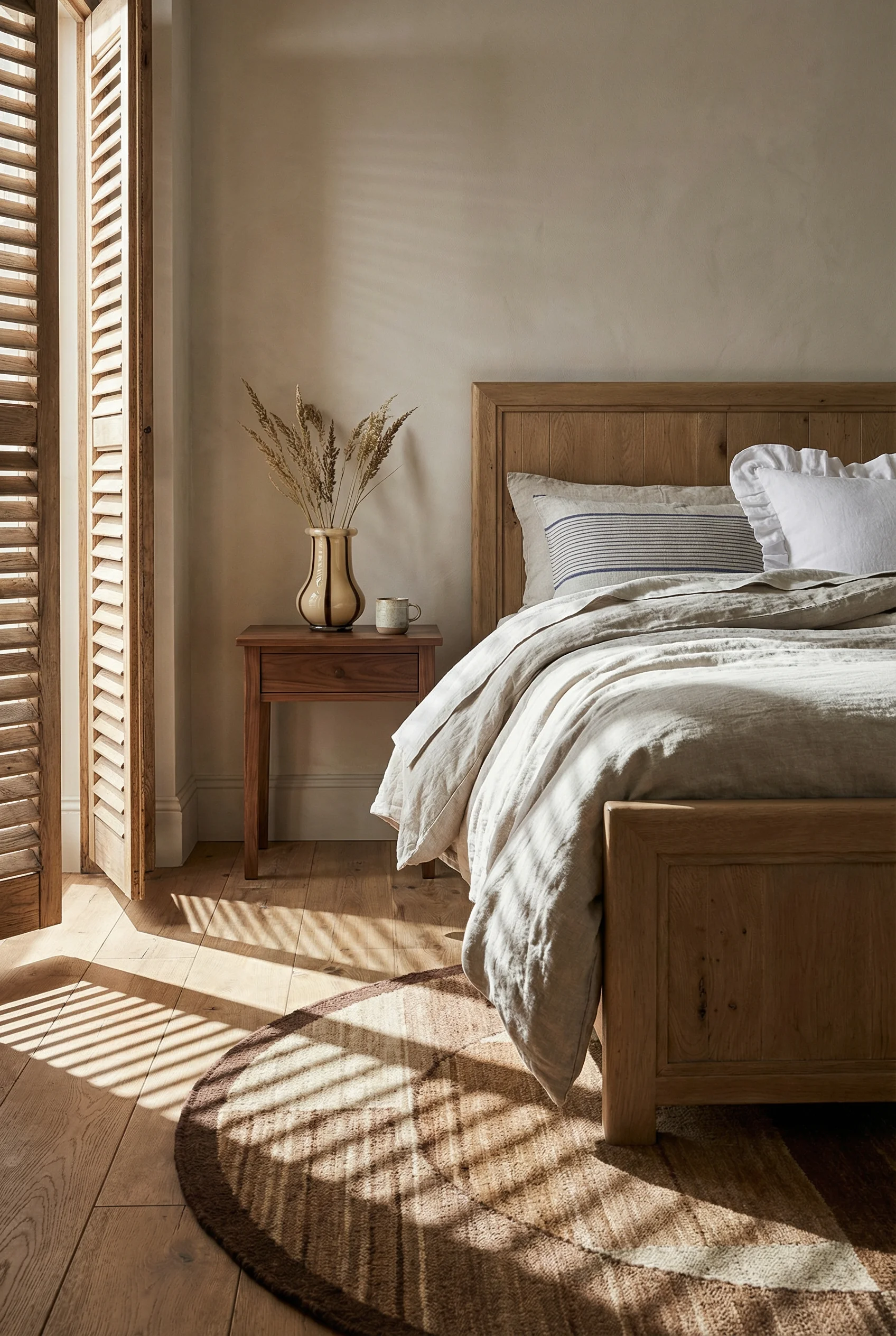 French Country Bedrooms featuring driftwood panel bed with striped linen pillowcase