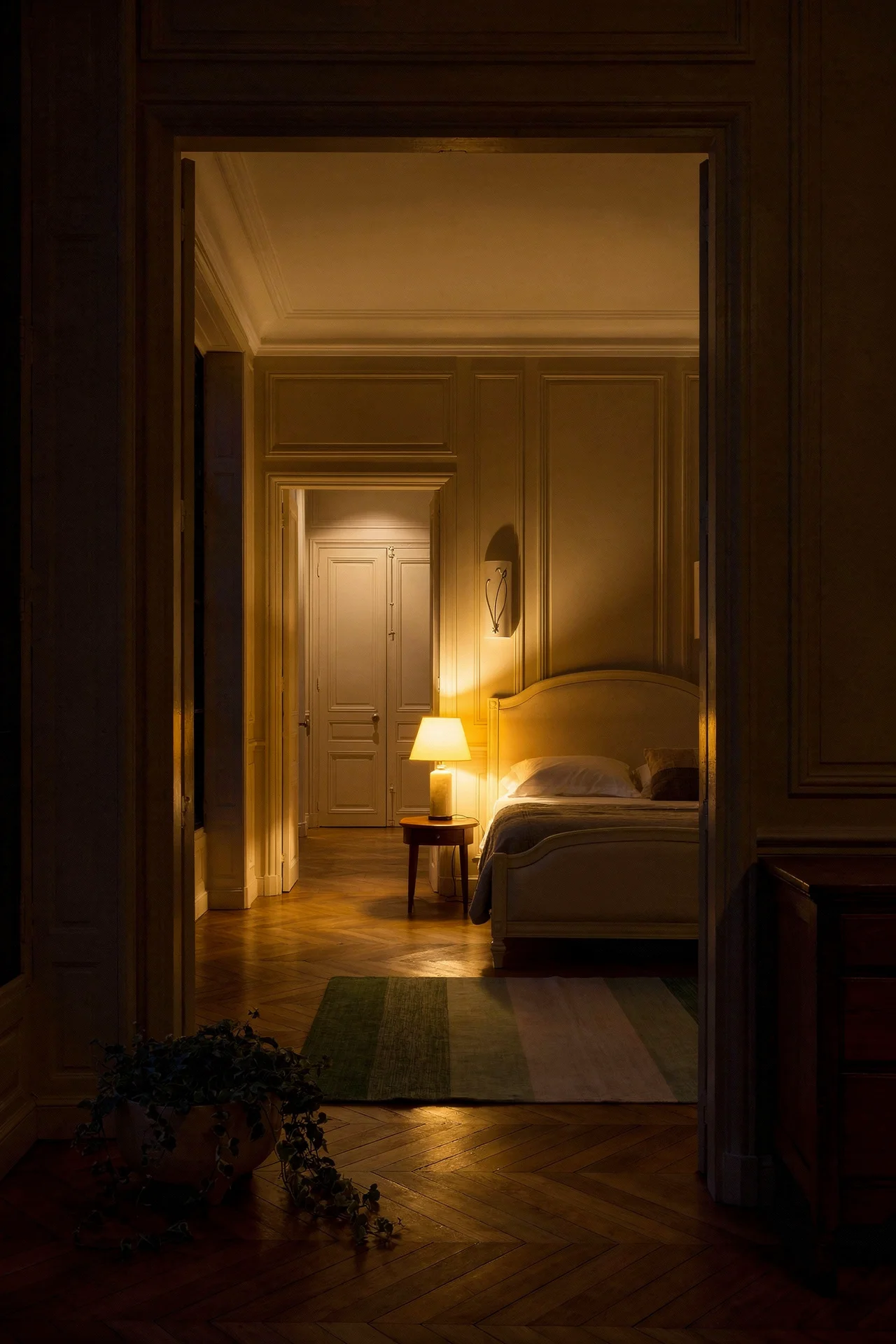 French Country Bedrooms featuring ivory sleigh bed framed by boiserie wall paneling with herringbone parquet floors evening mood