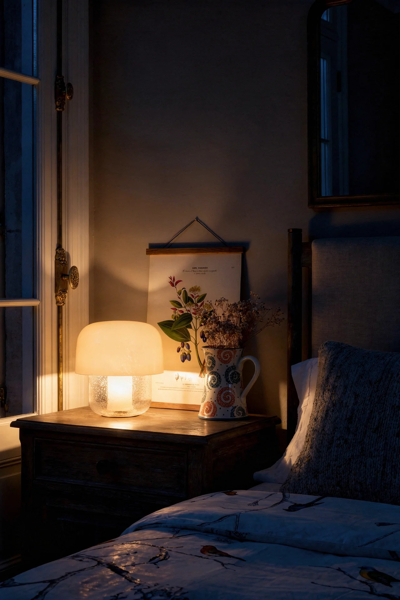 French Country Bedrooms featuring linen upholstered bed with aged brass hardware and seeded glass lamp evening mood