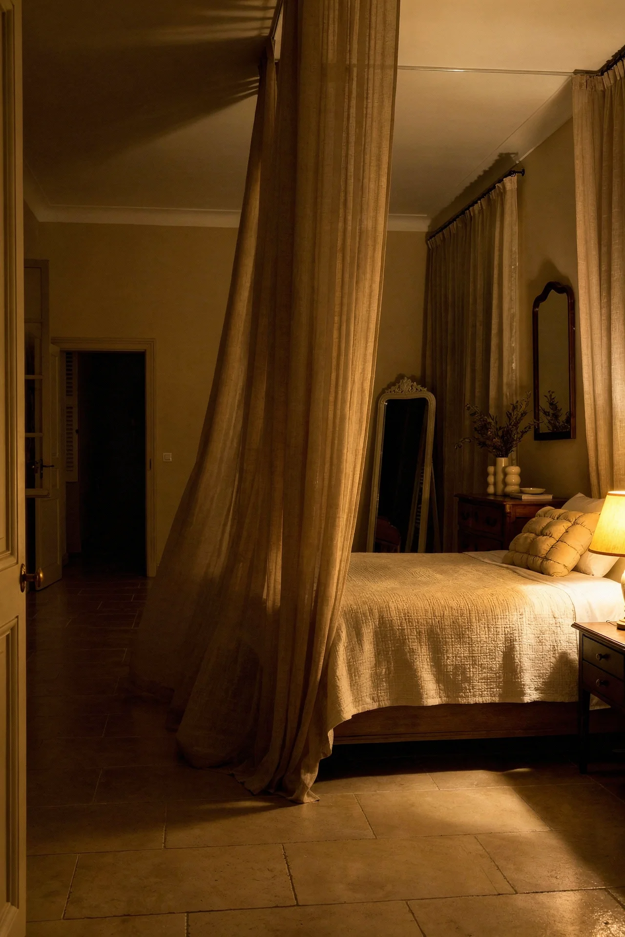 French Country Bedrooms featuring linen canopy bed with sheer voile panels and bronze framed mirror evening mood