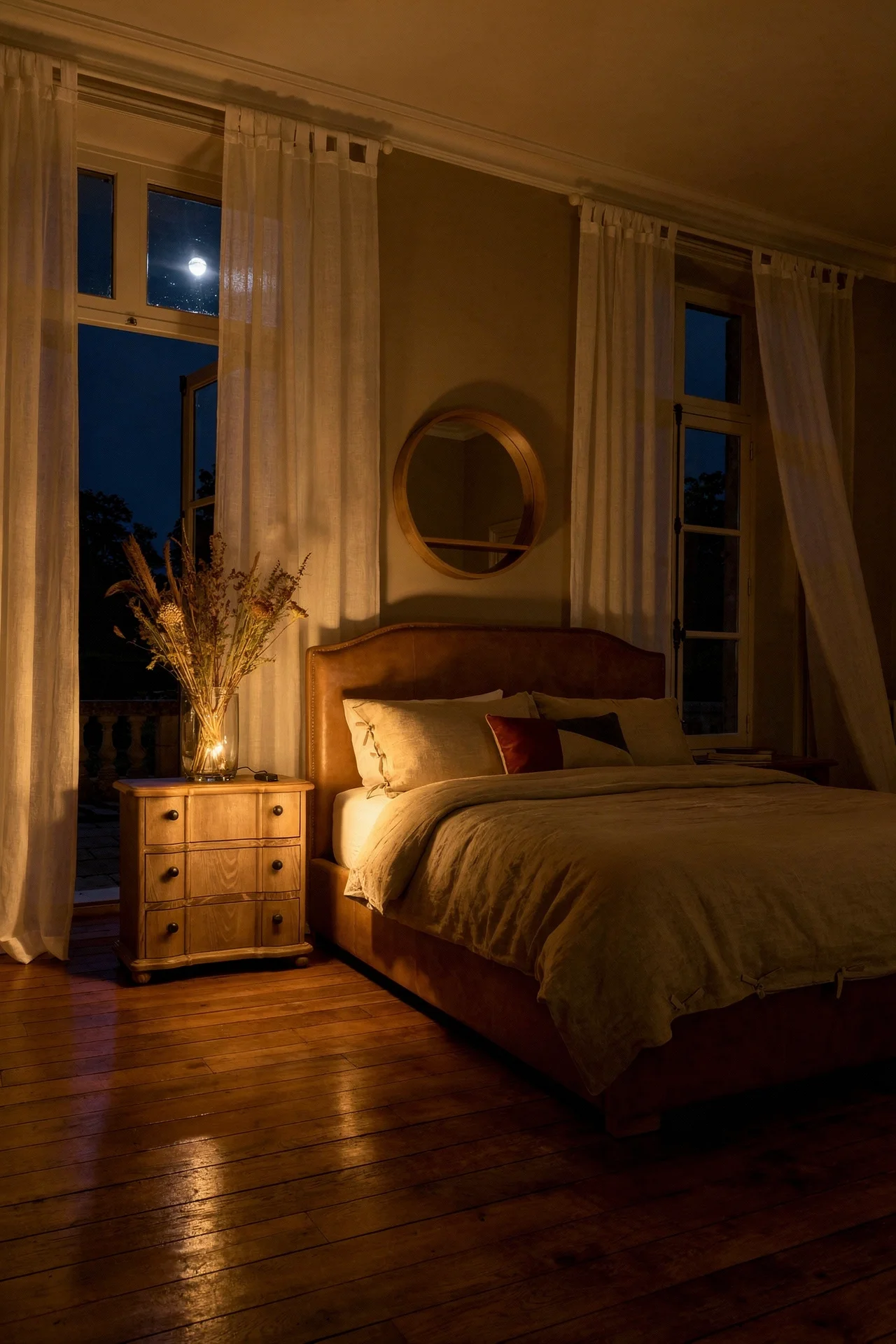 French Country Bedrooms featuring driftwood upholstered bed with floor length linen curtains evening mood