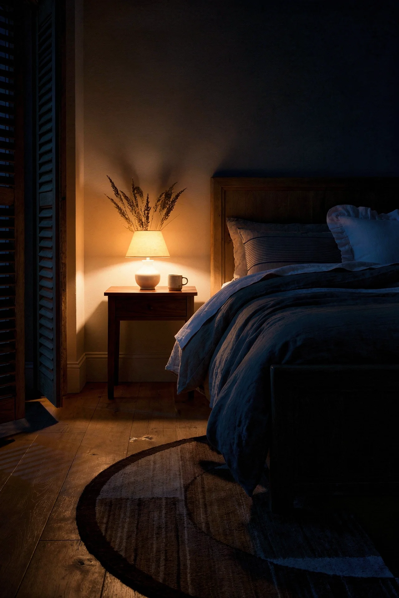 French Country Bedrooms featuring driftwood panel bed with striped linen pillowcase evening mood