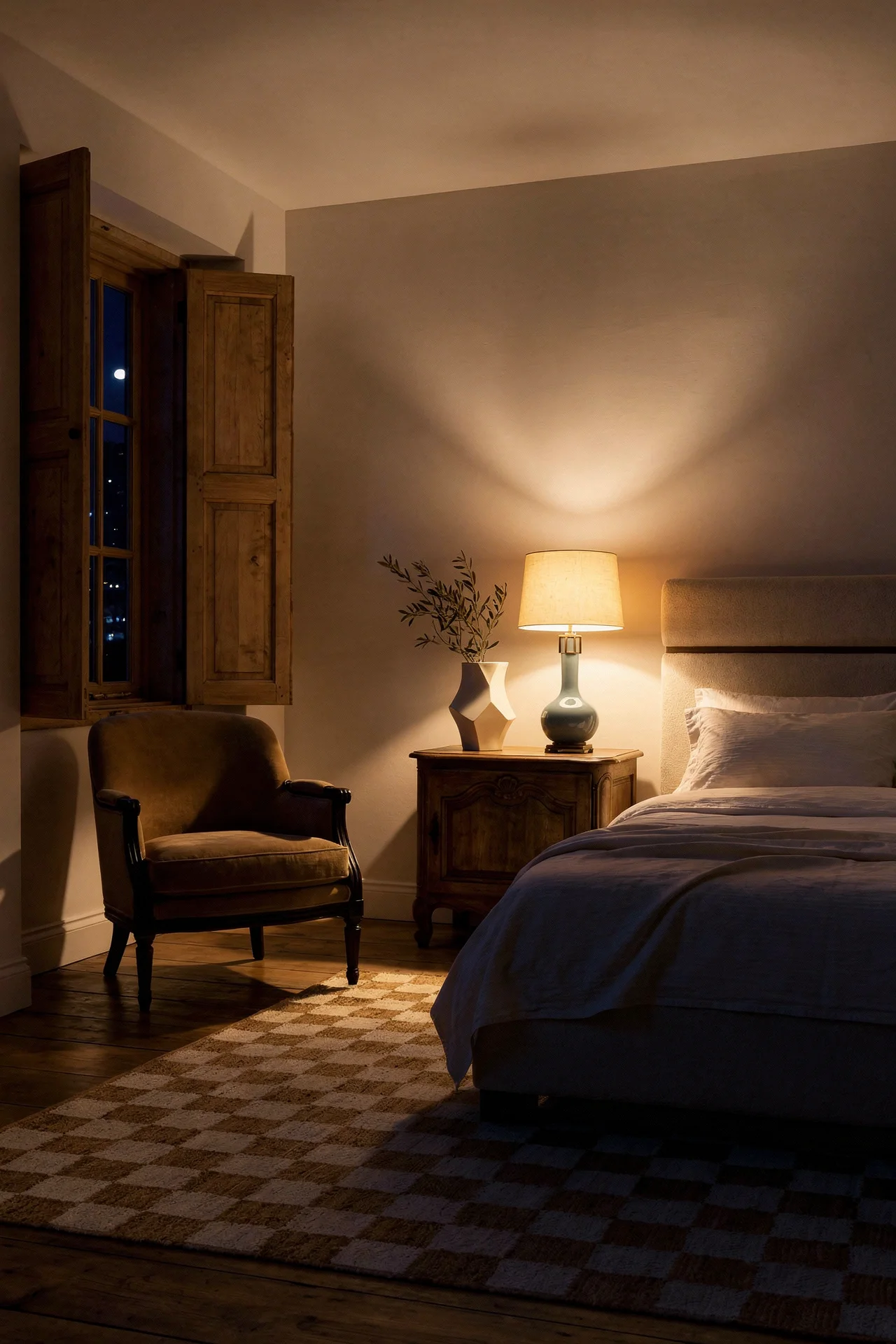French Country Bedrooms featuring ivory upholstered panel bed with tan bergere armchair and blue ceramic lamp evening mood