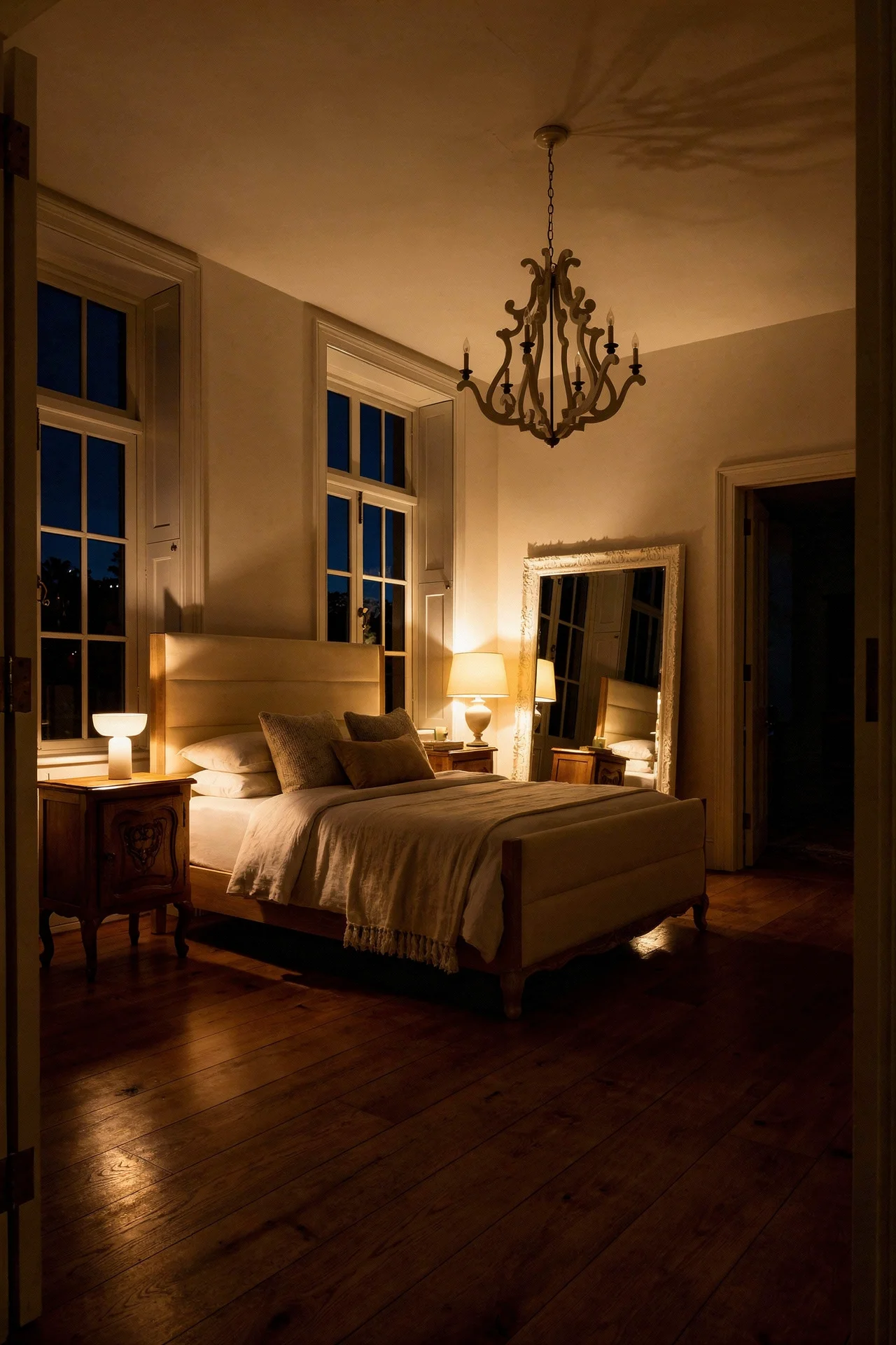 French Country Bedrooms featuring ivory upholstered bed with carved oak frame and six arm chandelier evening mood