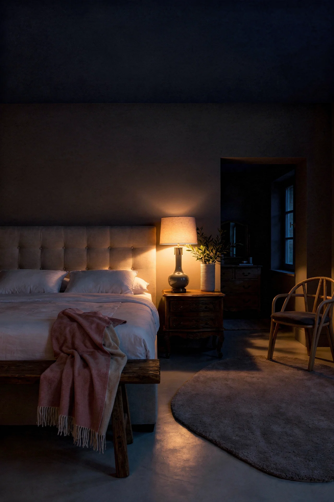 French Country Bedrooms featuring ivory extended fabric panel bed with rattan armchair and pink cotton throw evening mood