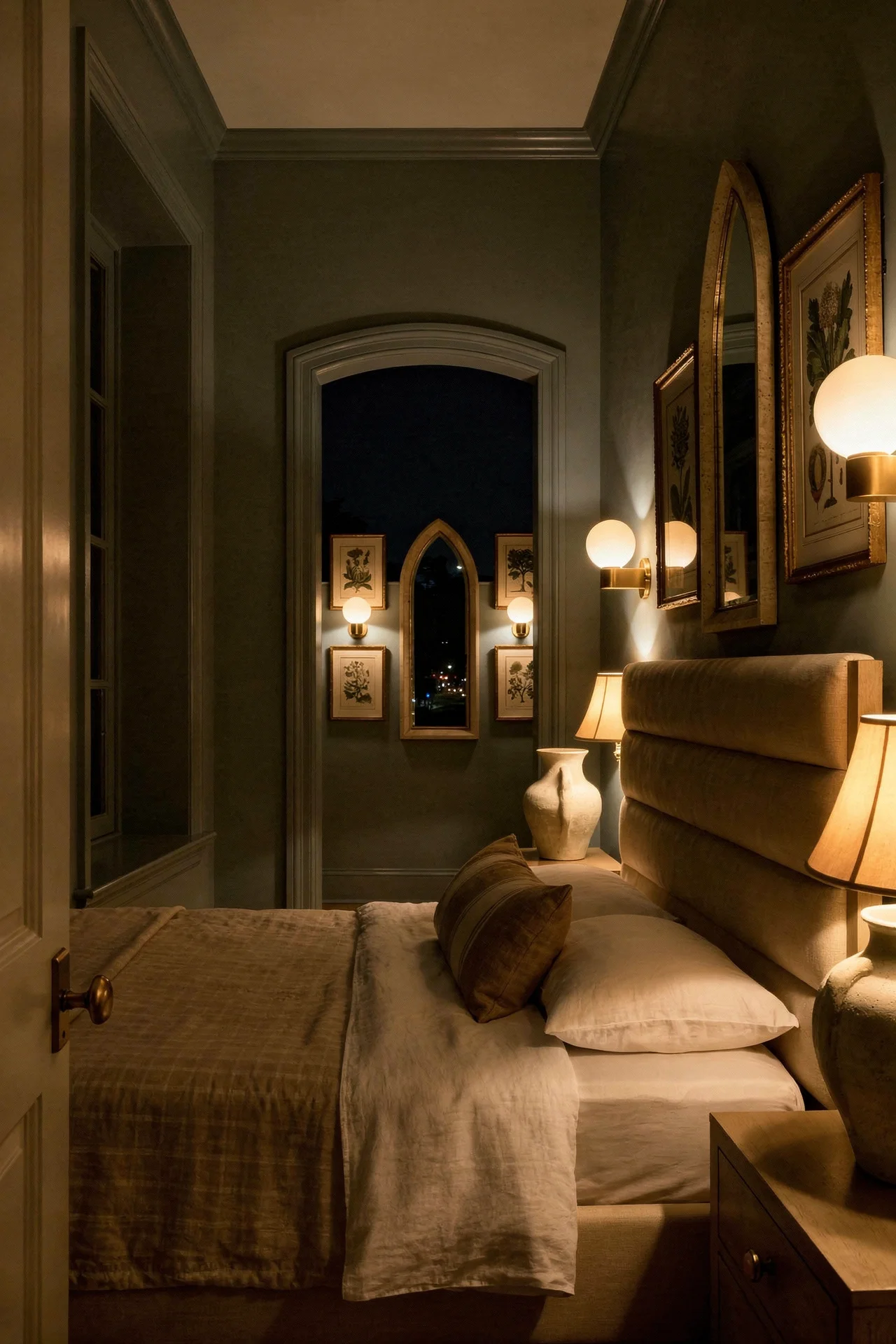 French Country Bedrooms featuring ivory upholstered bed with lancet mirror and botanical wall arrangement evening mood