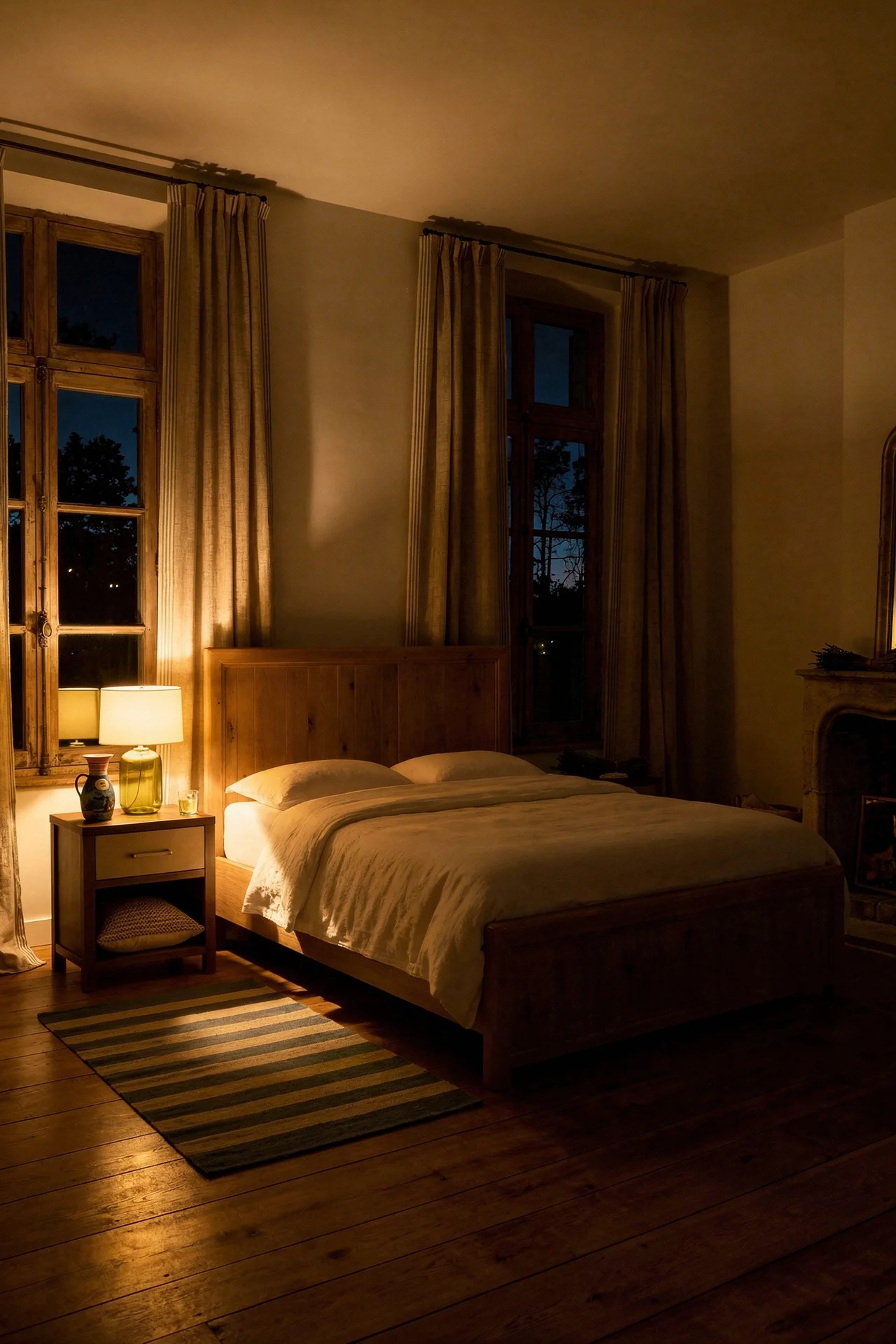 French Country Bedrooms featuring driftwood panel bed with natural linen curtains pooling on floor evening mood