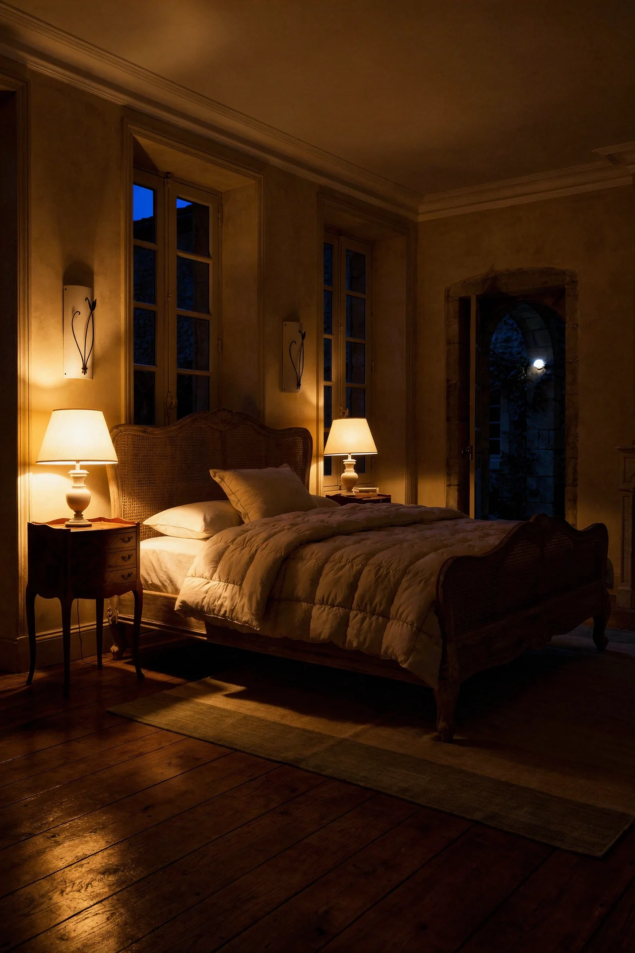 French Country Bedrooms featuring weathered mahogany carved bed with ivory silk comforter and wall sconces evening mood