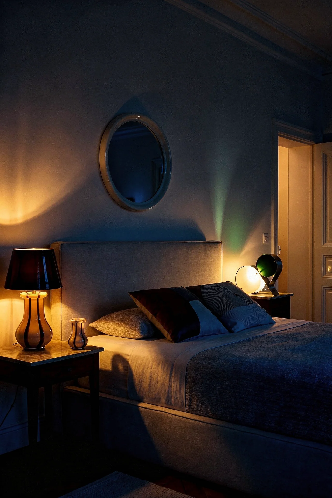 French Country Bedrooms featuring mismatched amber and green glass lamps with ivory linen bed evening mood