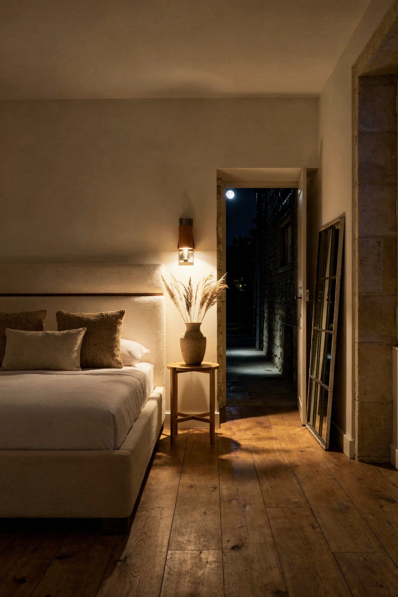 French Country Bedrooms featuring ivory upholstered panel bed with reclaimed wide plank oak floors and iron mirror evening mood