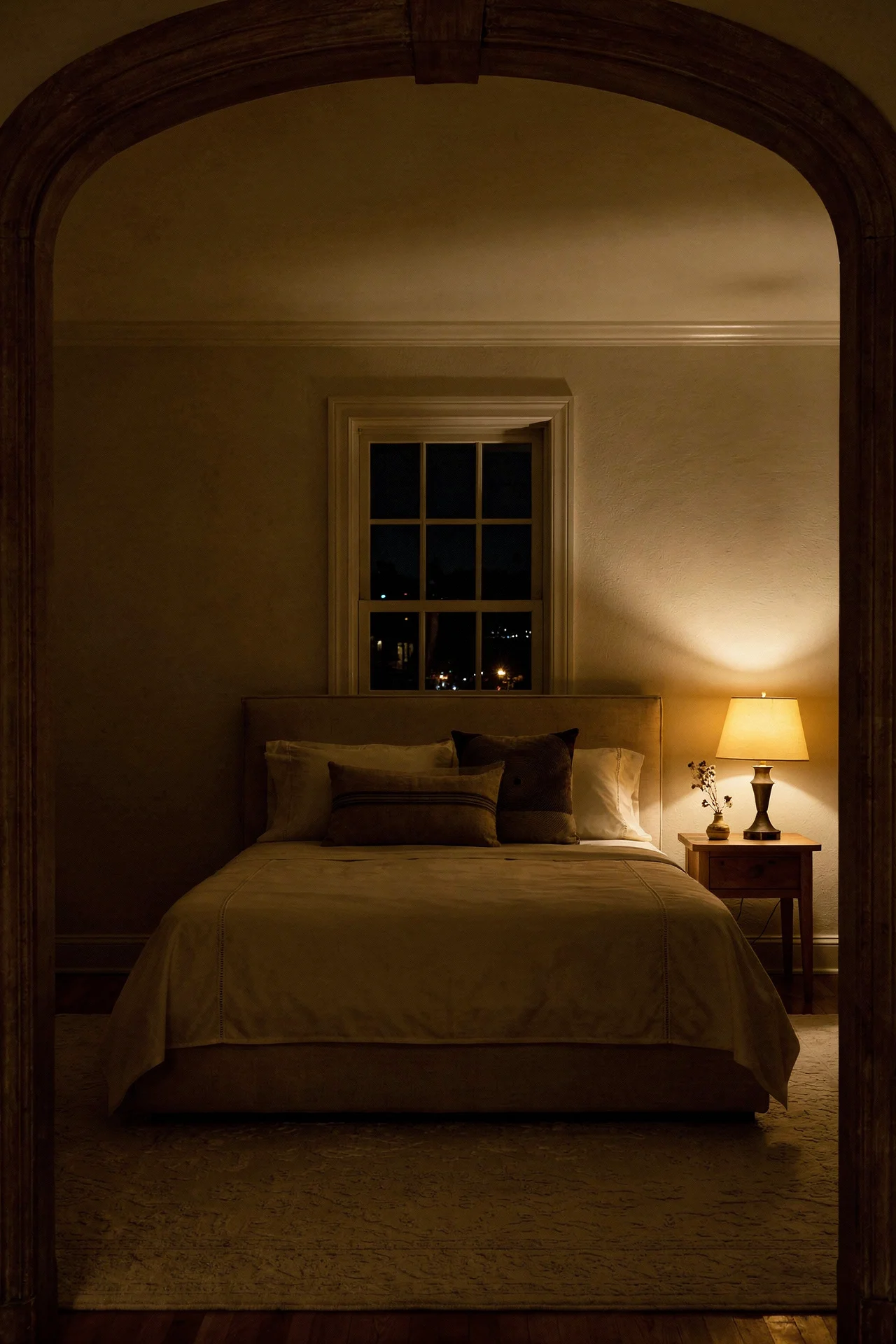 French Country Bedrooms featuring ivory upholstered bed with sateen sheets and grain sack pillow evening mood